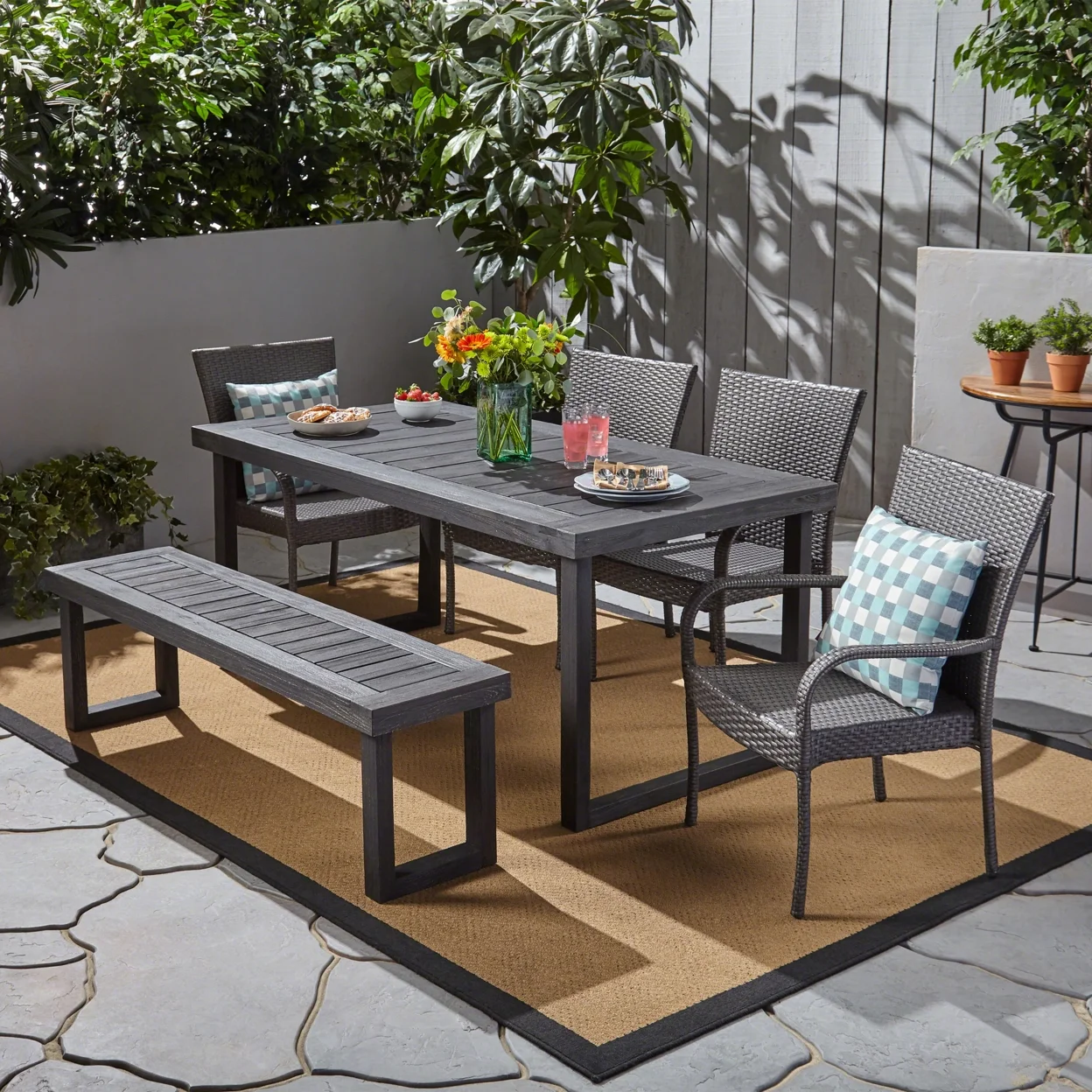 GDF Studio Mable Outdoor Acacia Wood and Wicker 6 Piece Dining Set with Bench, Sandblasted Dark Gray and Gray