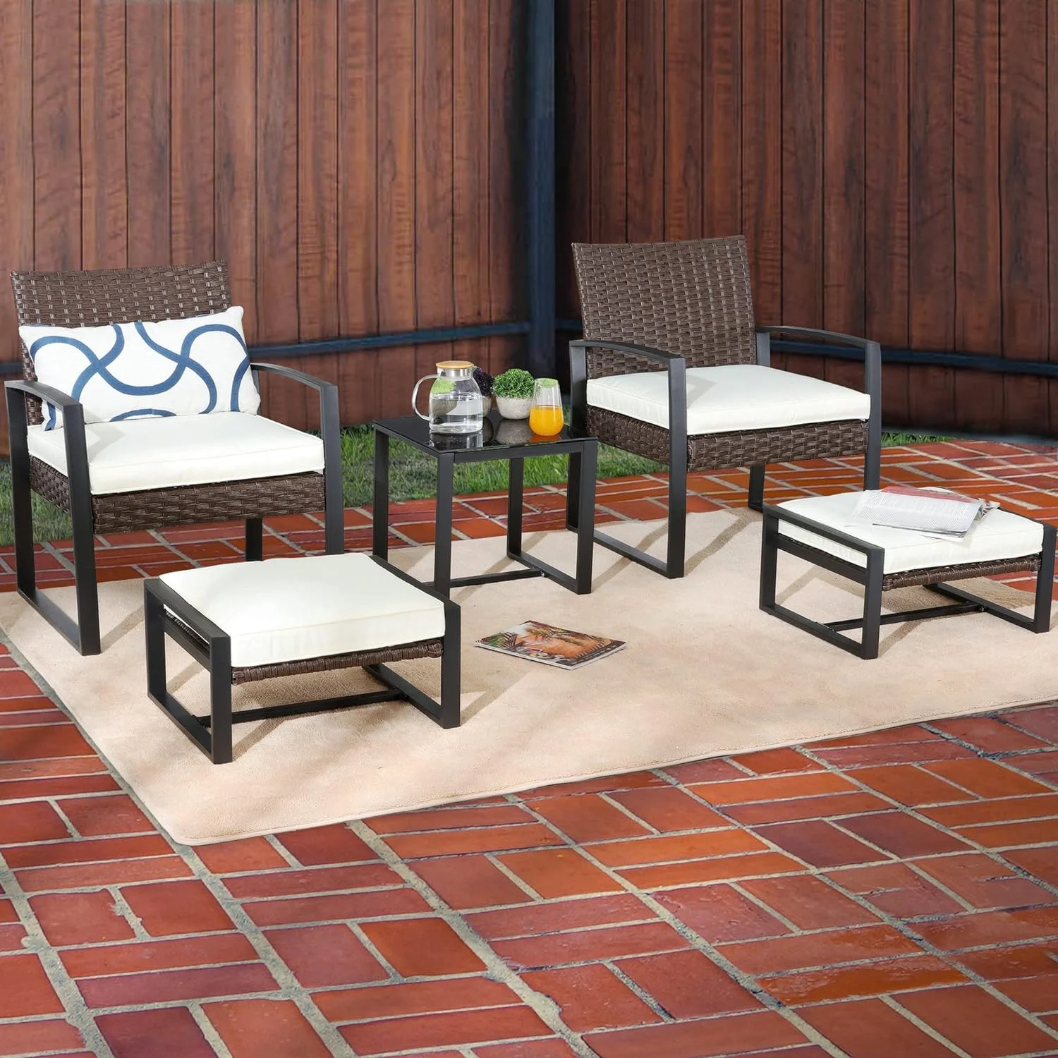 Dina Patio Conversation Set 5 Pieces Outdoor Wicker Furniture Sets Chairs with Ottoman 3.1" Thickness Cushions (Beige)
