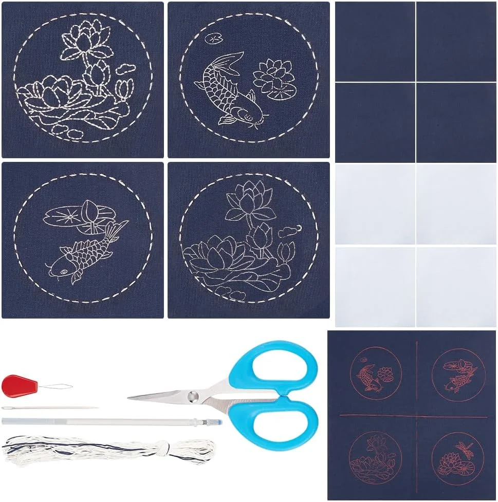 4 Set Sashiko Coasters DIY Kit with Instructions Sashiko Kit for Beginners Lotus&Koi Carp Sashiko with Embroidery Hoop Coasters for Housewarming Gift