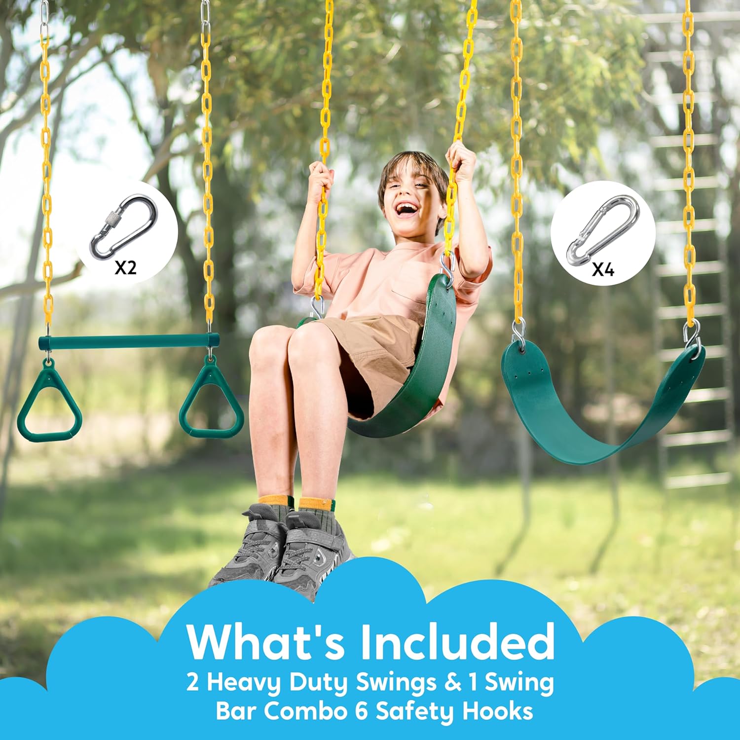 3 Pack Assorted Swing Set, Including 1 Gym Rings Trapeze Swing Bar and 2 Pcs Swings with Plastic Coated Chain, Swing Set Accessories Replacement for Kids Outdoor Play, Playground- Green