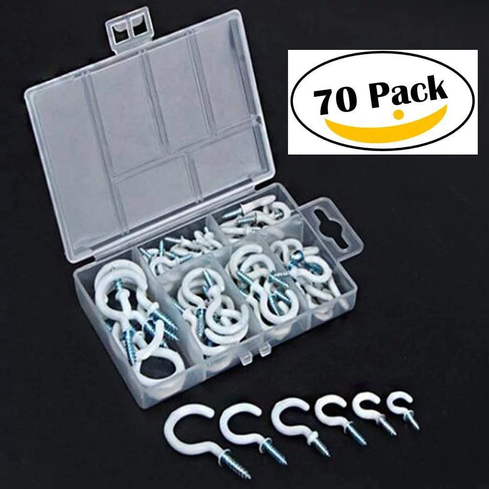 70 Pack Ceiling Hooks Assortment Kit, 6 Sizes Vinyl Coated Screw Hooks for Hanging Plants,Mug,Wind Chimes,Kitchen Utensils, Jewelry- for Indoor and Outdoor Use - White