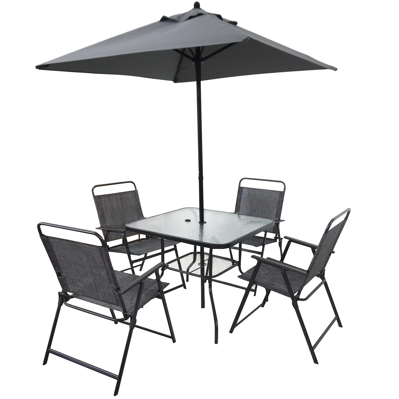Homiyad Outdoor Patio Dining Set for 4 People, Metal Patio Furniture Table and Chair Set with Umbrella, Black