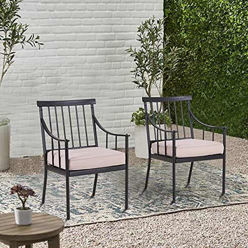 Outdoor Metal Steel Dining Chairs With Cushion, Black Heavy-Duty Weatherproof Armchairs For Patio, Deck, Yard - Set Of 6