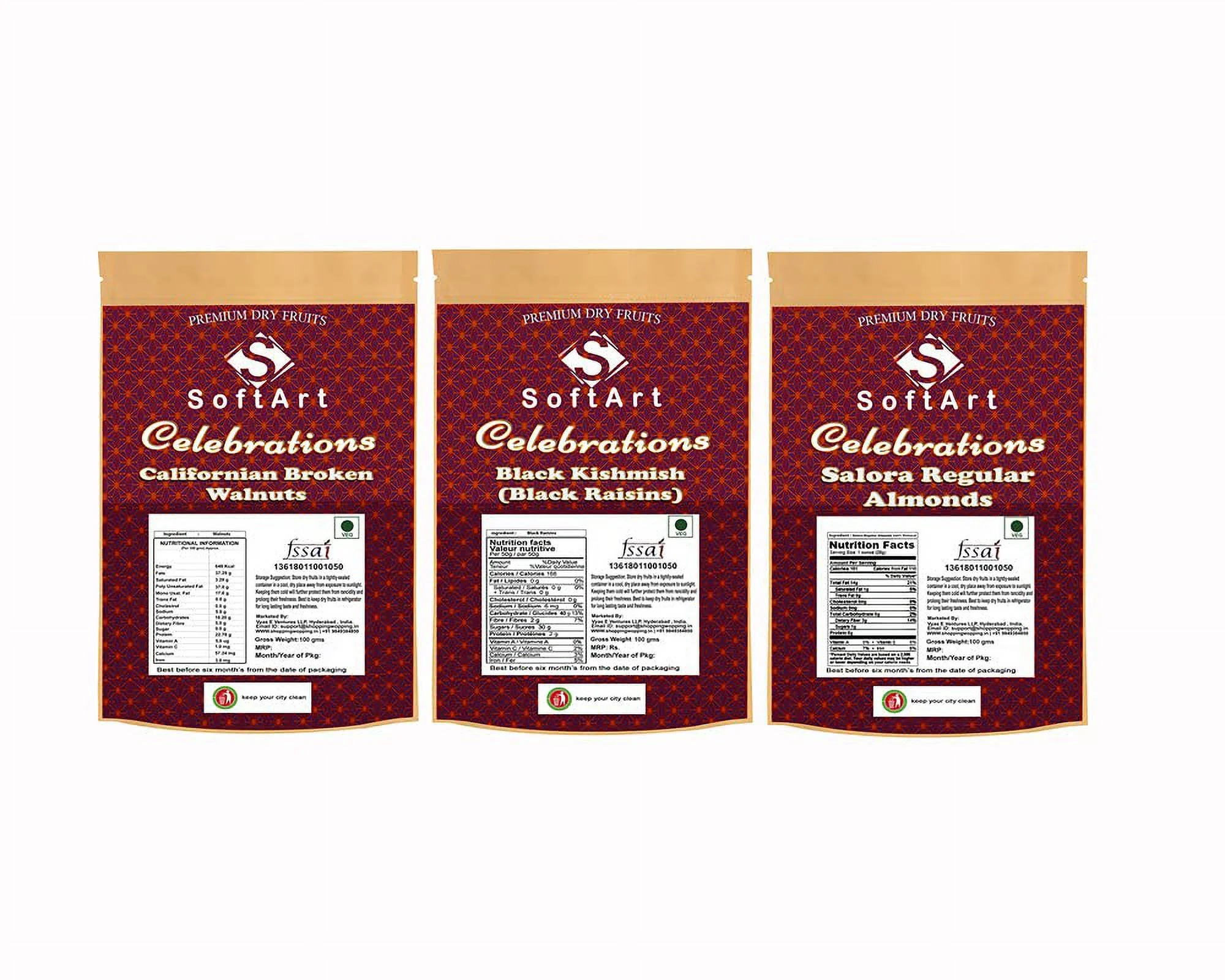 Dry Fruits Combo Of Broken Walnuts, Black Kishmish & Salora Regular Almonds (100G Each)