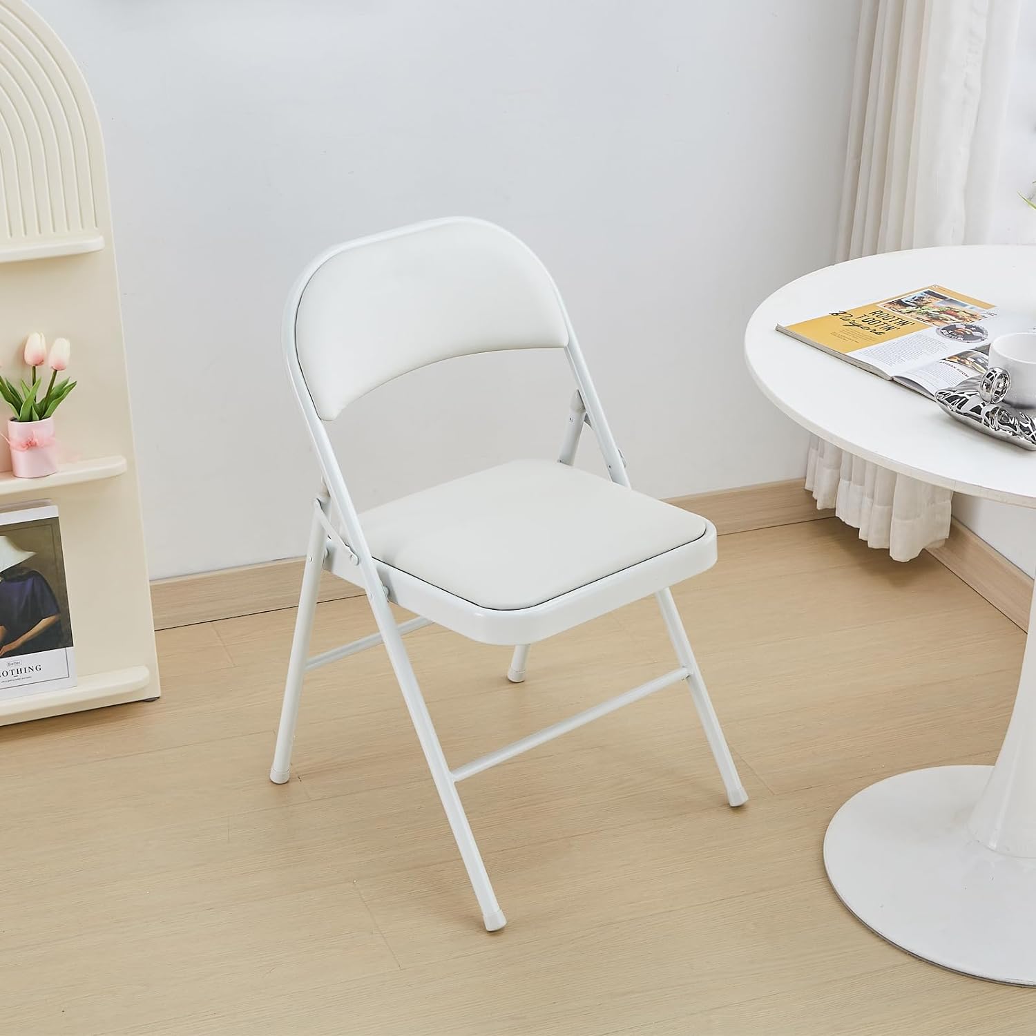 MINGFENG 2-Pack Folding Chair Vinyl Padded and Metal Frame Heavy Duty Foldable Chair with Backrest & Padded Seats for Meetings Office Wedding Events-White