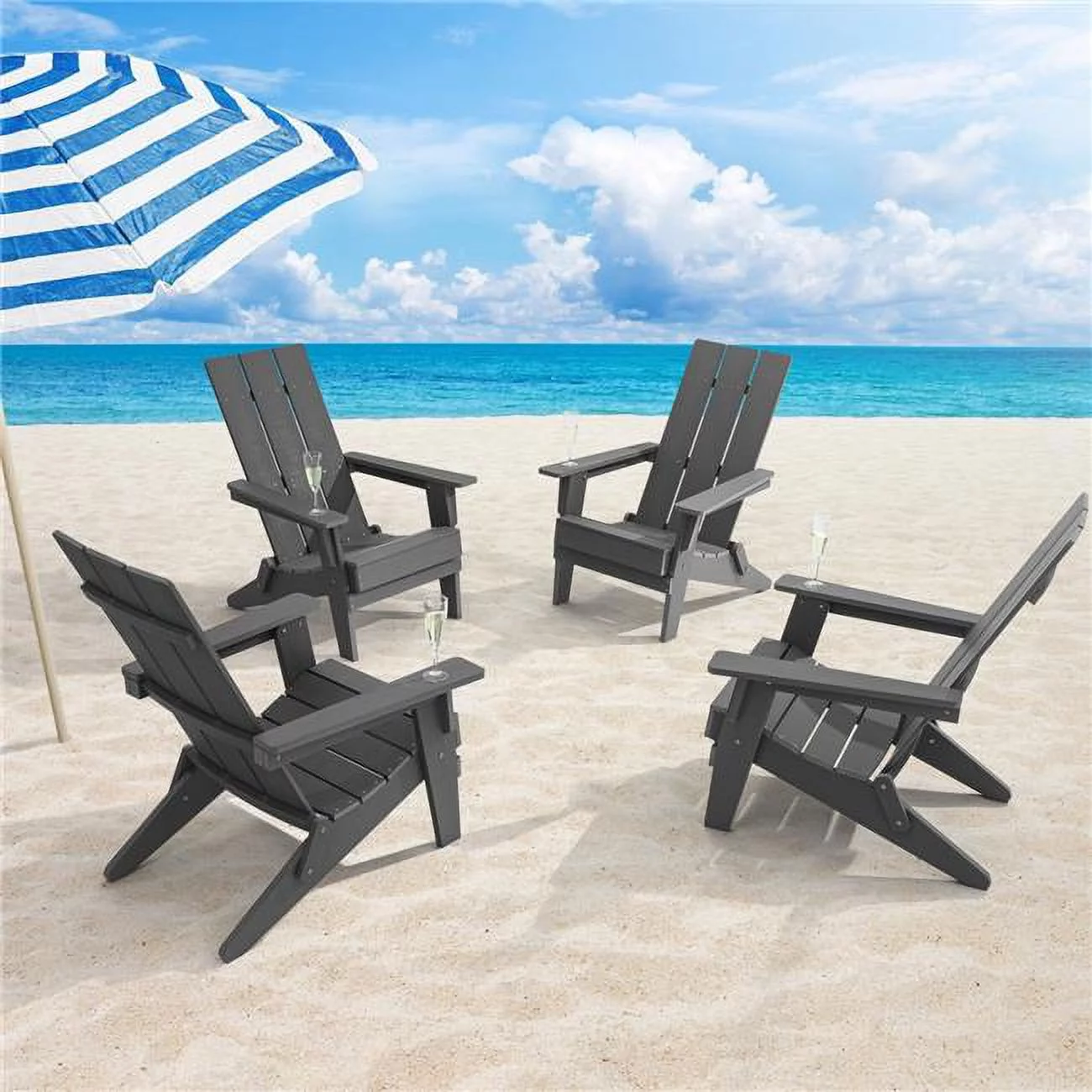SANLUCE  Charcoal Gray Folding Adirondack Chair, Waterproof HIPS High Load Capacity Patio Chair With Wide Armrests (4-Pack)