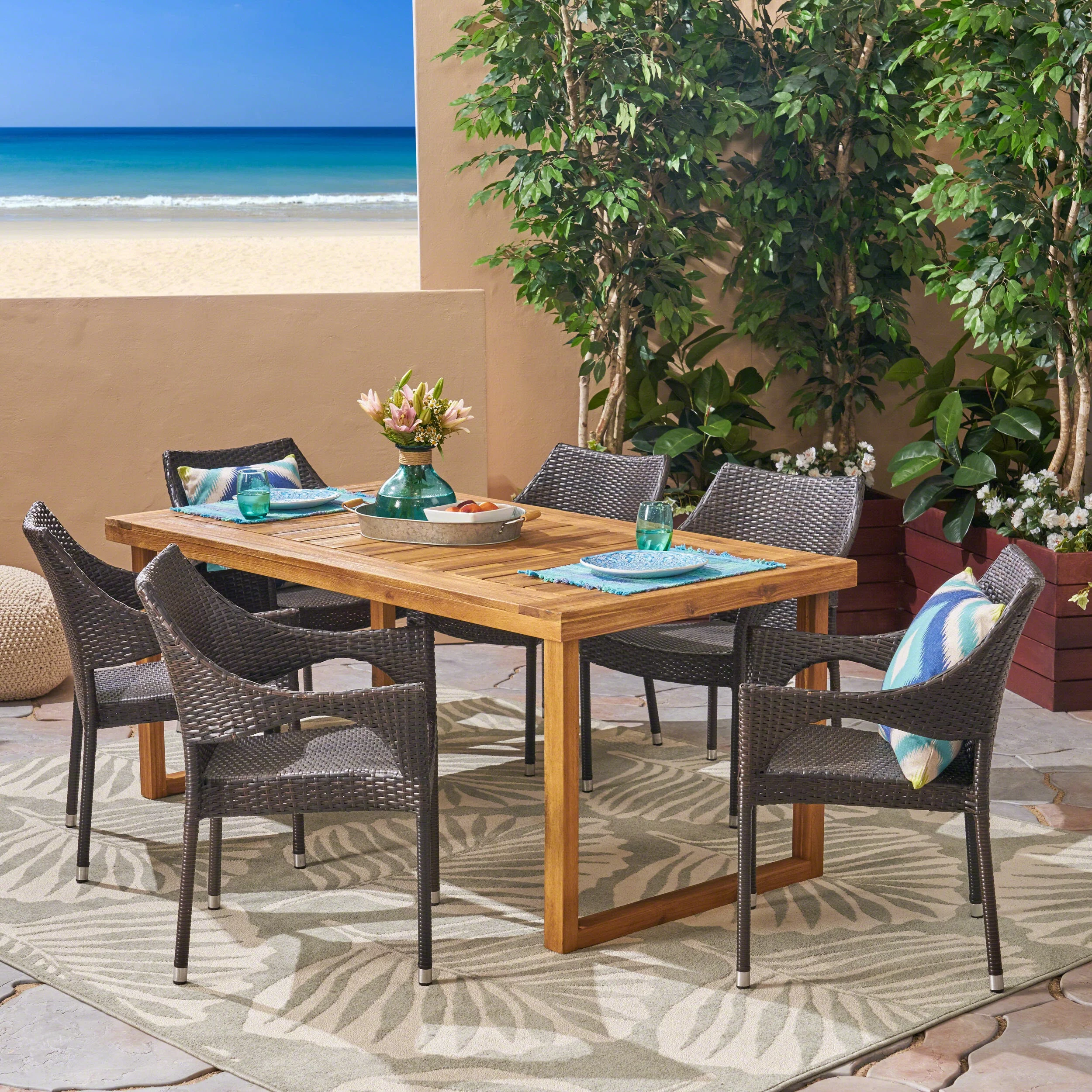 Cason Outdoor 7 Piece Acacia Wood Dining Set with Stacking Wicker Chairs, Sandblast Natural