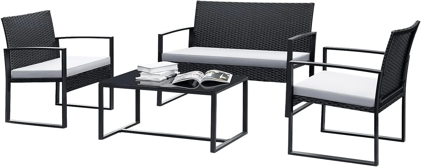 Dina Patio Set 4 Piece Outdoor Porch Furniture with Cushions Rattan Conversation Sofa Set Metal Patio Table and Loveseat Chairs for Balcony  Poolside  Lawn (Grey)