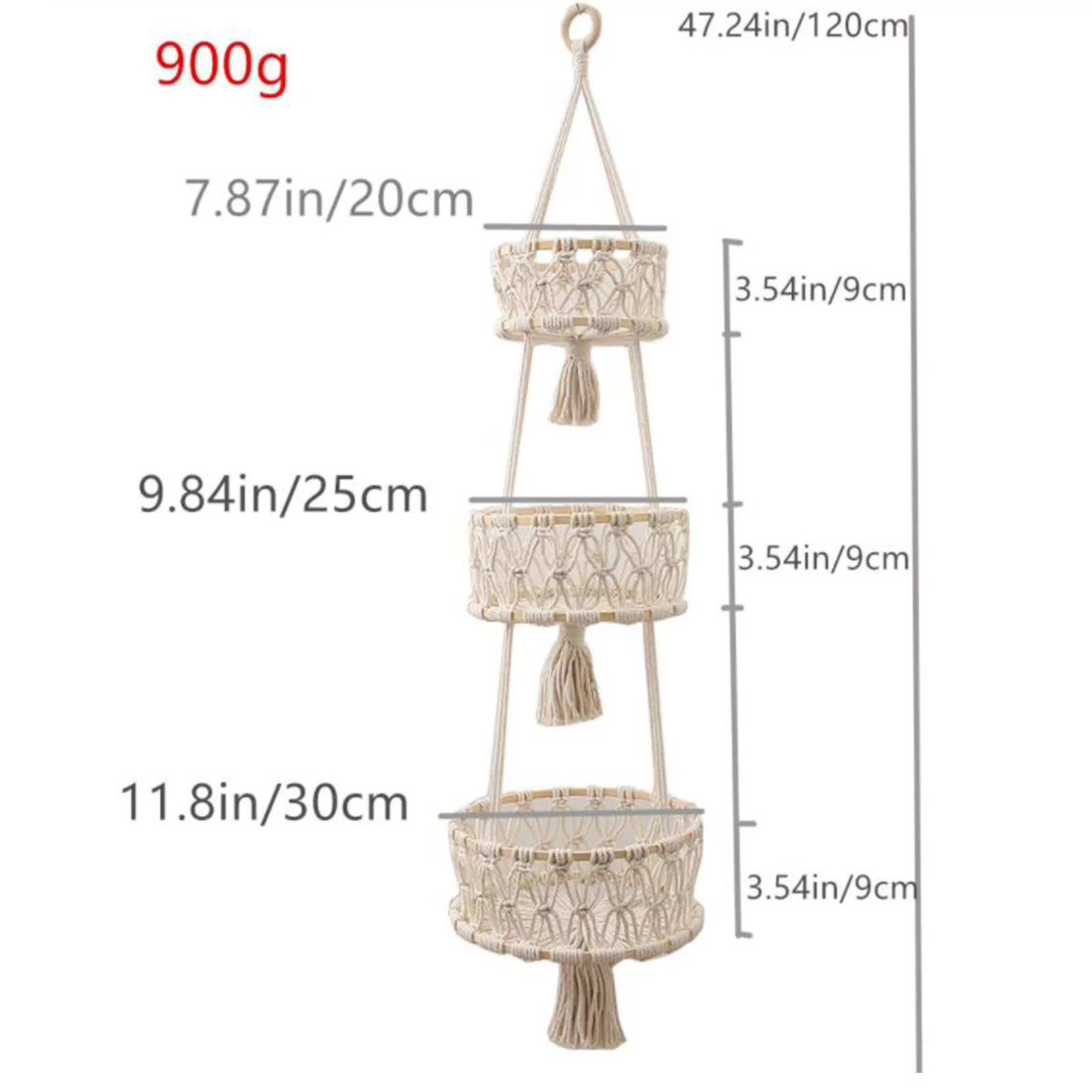 Macrame Hanging Basket, Fruit Hanger Hanger Fruit Basket Pot - Wite 3 Tiers