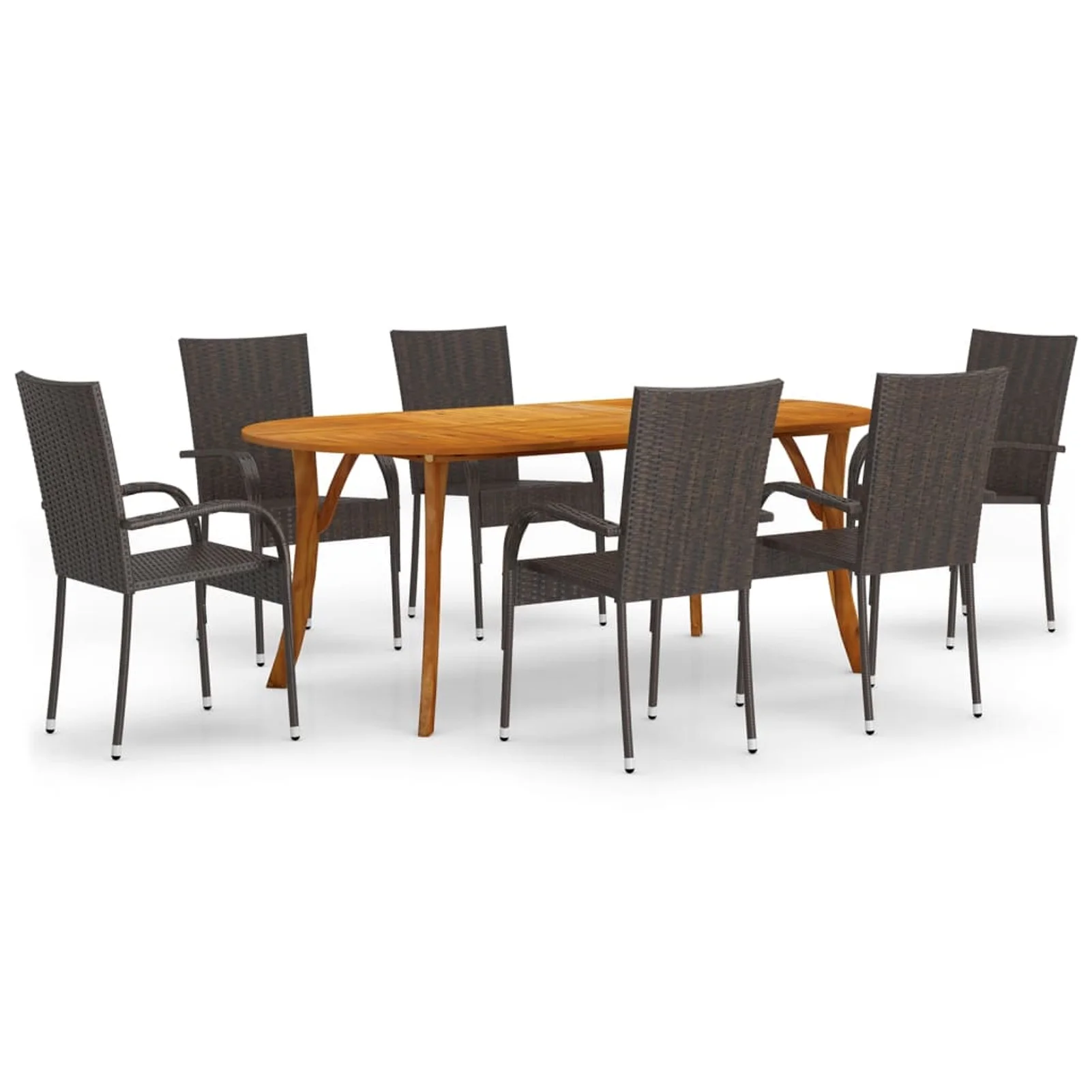 Anself 7 Piece Patio Dining Set Acacia Wood Garden Table and 6 Dining Chairs Brown Poly Rattan Steel Frame for Garden, Backyard, Balcony, Lawn