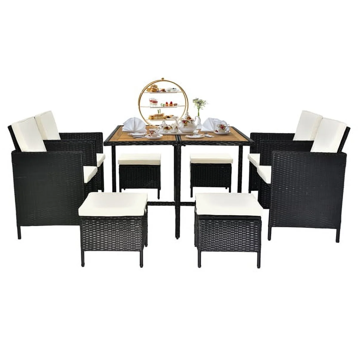 Al Fresco 9 Piece Outdoor Dining Set, Patio Wicker Furniture Set with Acacia Wood Table Top, Rattan Dining Table Chairs Conversation Set Perfect for Outdoor and Indoor