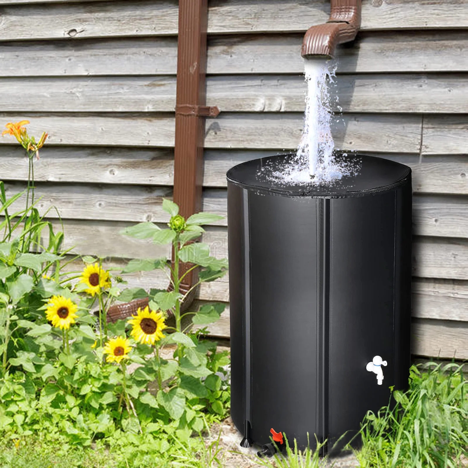 100 Gallon Black Folding Rain Barrel Water Collector with Spigot and Overflow Valve - Eco-Friendly Outdoor Water Storage Solution