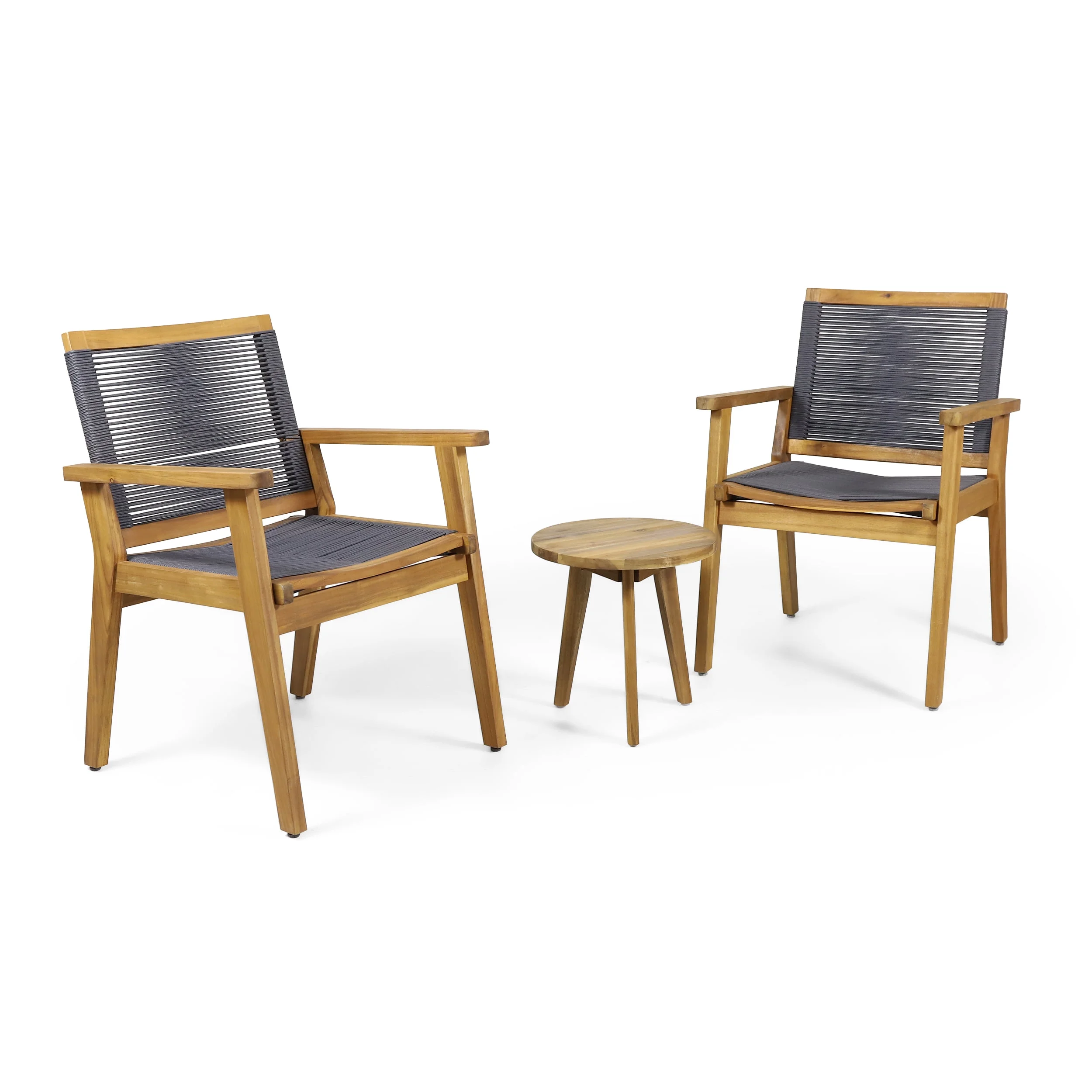 GDF Studio Specter Outdoor Acacia Wood and Rope 3 Piece Chat Set, Teak, Natural, and Dark Gray