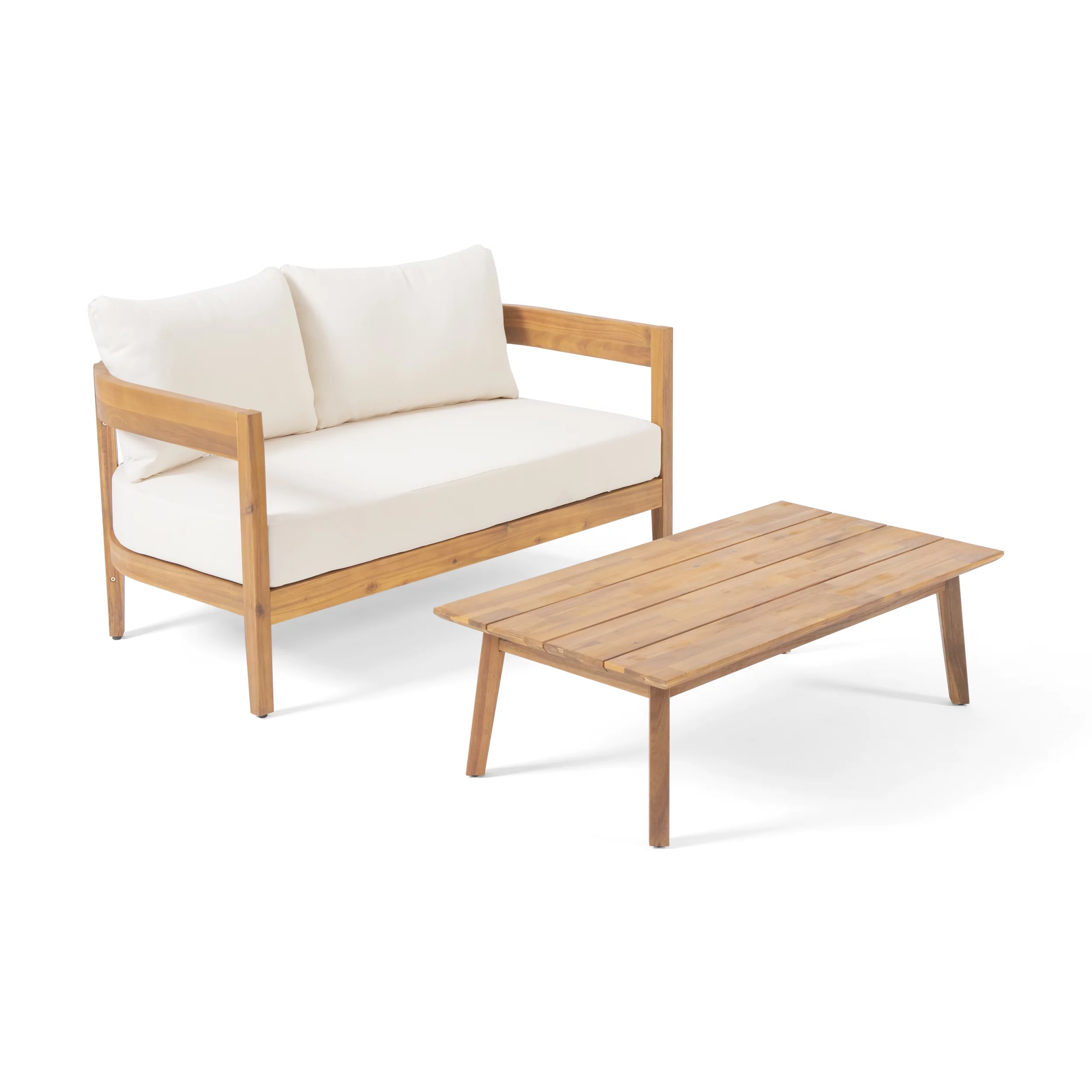 GDF Studio Burrough Outdoor Acacia Wood Loveseat and Coffee Table Set with Cushions, Teak and Beige