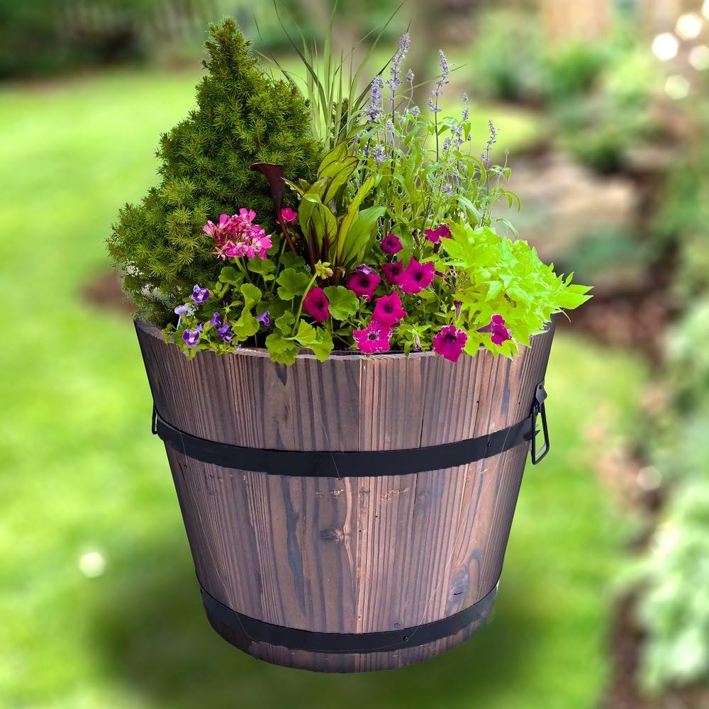 Rustic Wooden Whiskey Barrel Planter with Durable Medal Handles and Drainage Hole - Perfect for Indoor and Outdoor Plants, Herbs, and Vegetables - Medium
