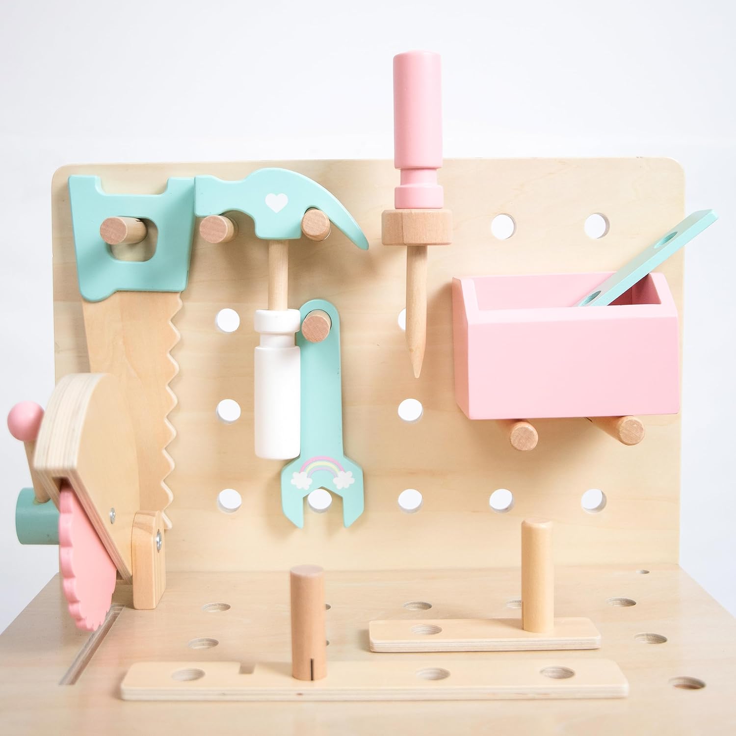 YOUB Wooden Work Bench & Tool Set & Accessories for Pretend Building Little Builder Play Montessori Contruction, with Hammer, Saw, Wrench, Screw Driver, vice Toy Workbench Pink Version