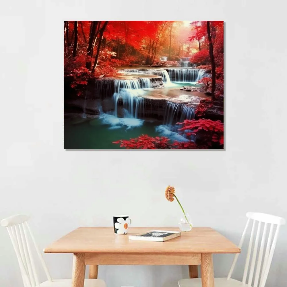 QFMY  Wall Art Decor Canvas Print Picture Red Forest Waterfalls  Modern Landscape Tree for Living Room Bedroom Kitchen Office Home Decorations Stretched and Framed Ready to Hang 20x16in