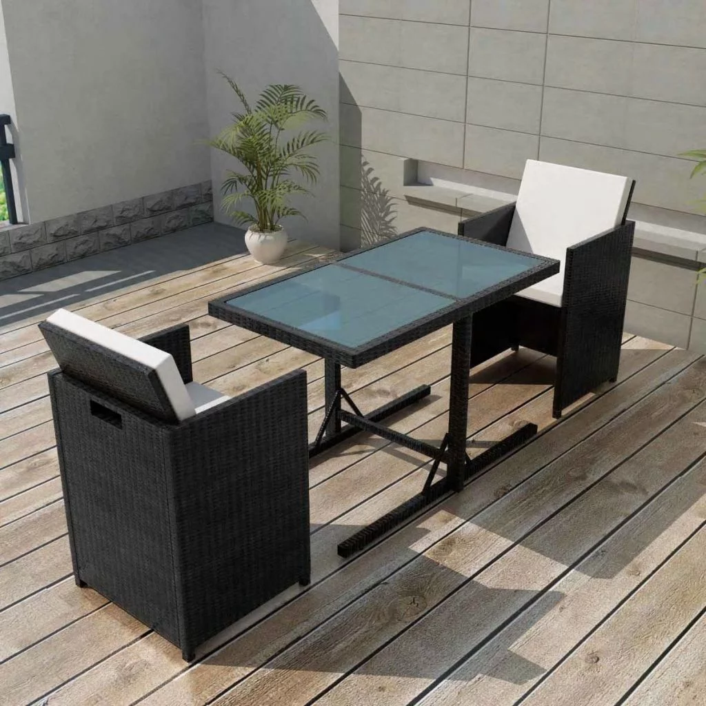 Carevas 3 Piece Bistro Set with Cushions Poly Rattan Black