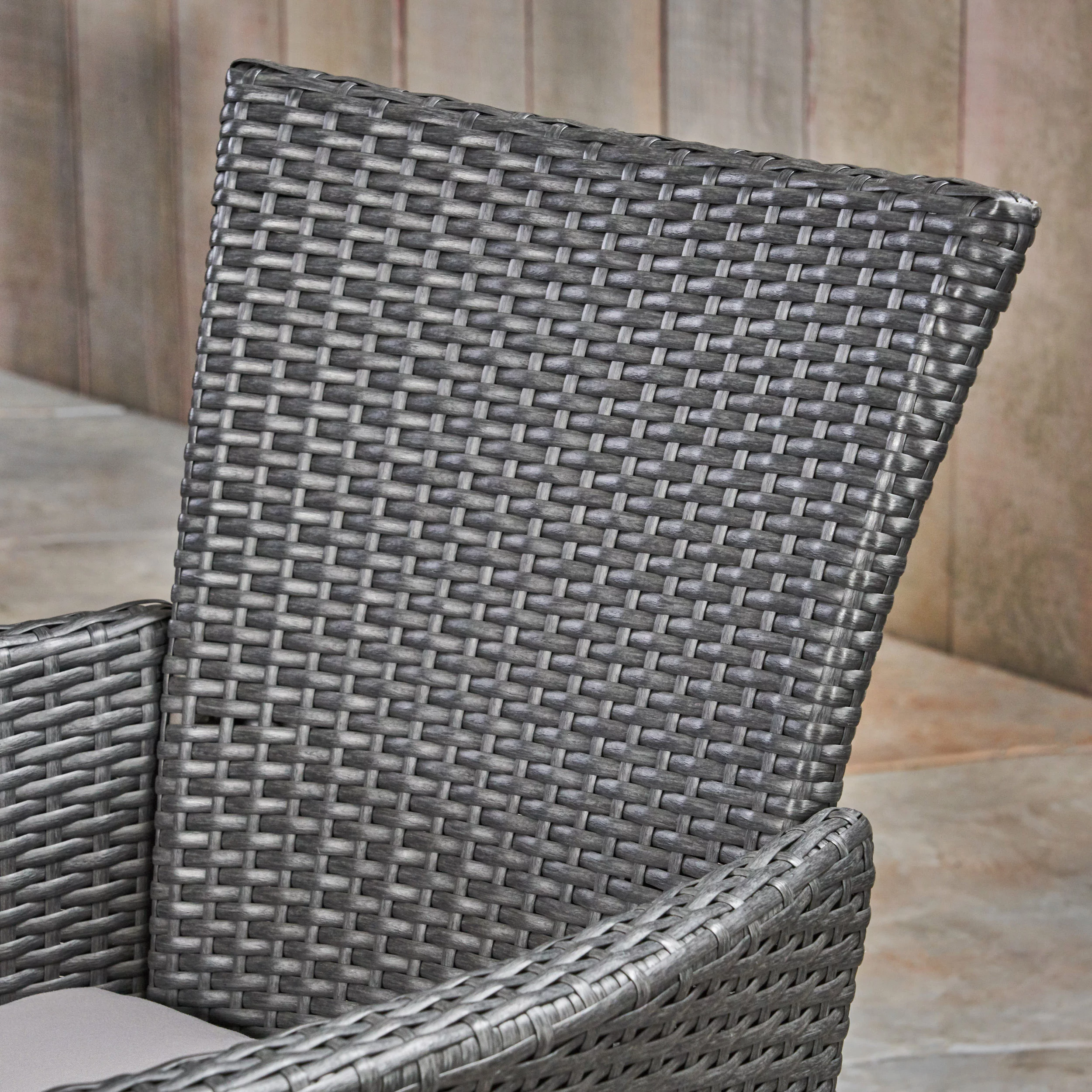 Jack Outdoor 7 Piece Acacia Wood Dining Set with Wicker Chairs and Cushions, Sandblast Dark Grey, Gray, Silver