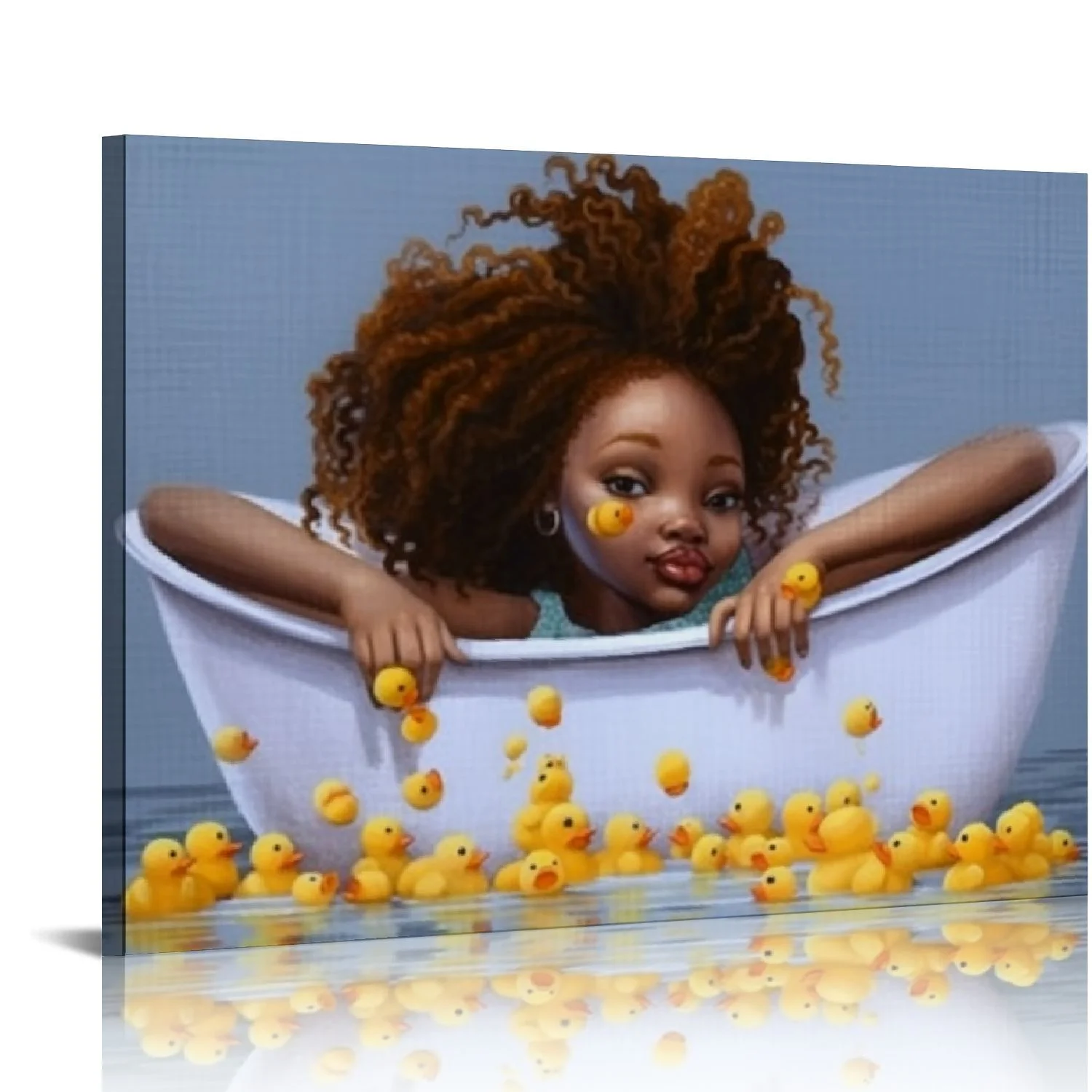 GOSMITH Curly Girl Afro African American Kid Girl Taking Bubble Bath with Ducks Watercolor Painting CANVAS PRINT Kids Room Nursery Decor Wall Art Black Kid Baby Art Home Decor Ready to Hang