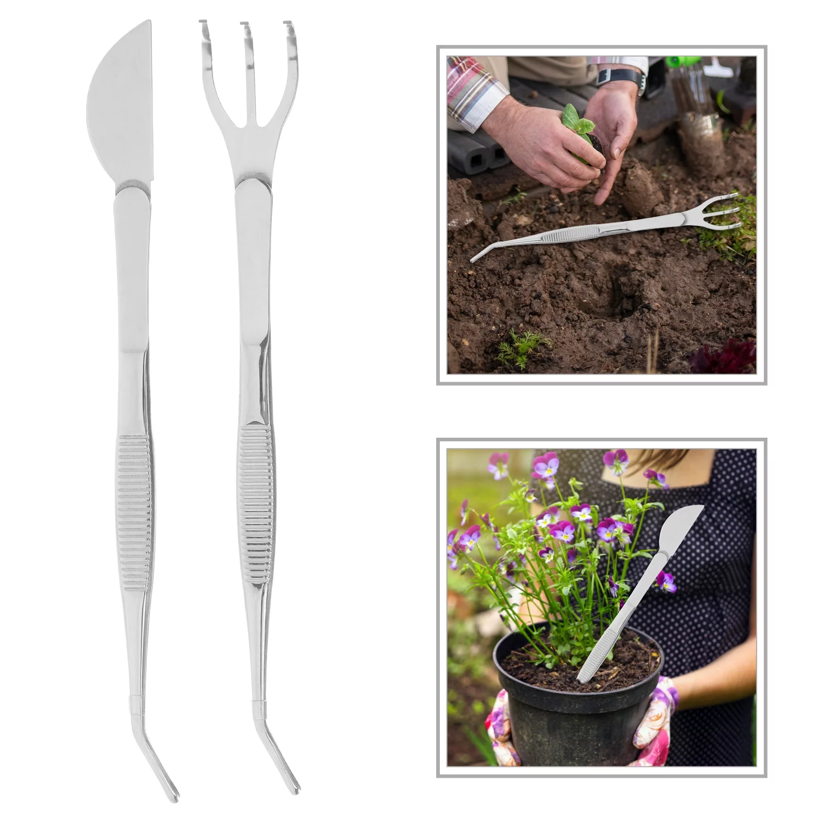 Qumonin 3-Prong Bonsai Tweezers Soil Loosening Tool Stainless Steel Gardening Tool