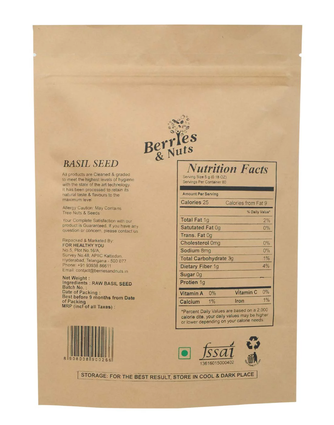 Berries And Nuts Premium Raw Basil Seeds | Sabjya Seed, Tulsi Beej, Tukmariya | 1 Kg