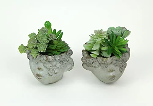 Set Of 2 Pucker Up Concrete Head Kissing Face Mini Decor Planters 4 Inch Tall, Gray, One Size