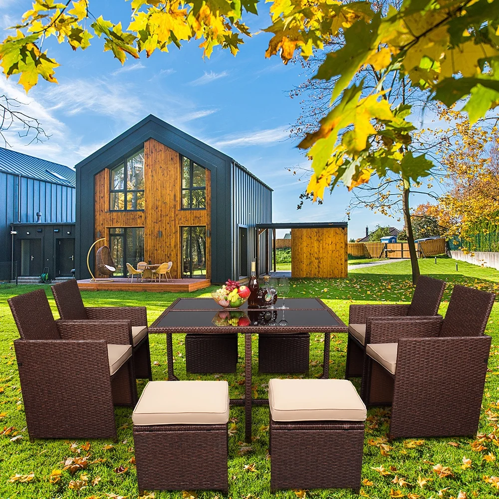 BAYUELSWU 9 Pieces Patio Dining Sets Outdoor Conversation Sets, Space Saving Wicker Rattan Chairs with Glass Table and Ottomans, Patio Furniture Set Cushioned Seating and Back Sectional Dining Sets