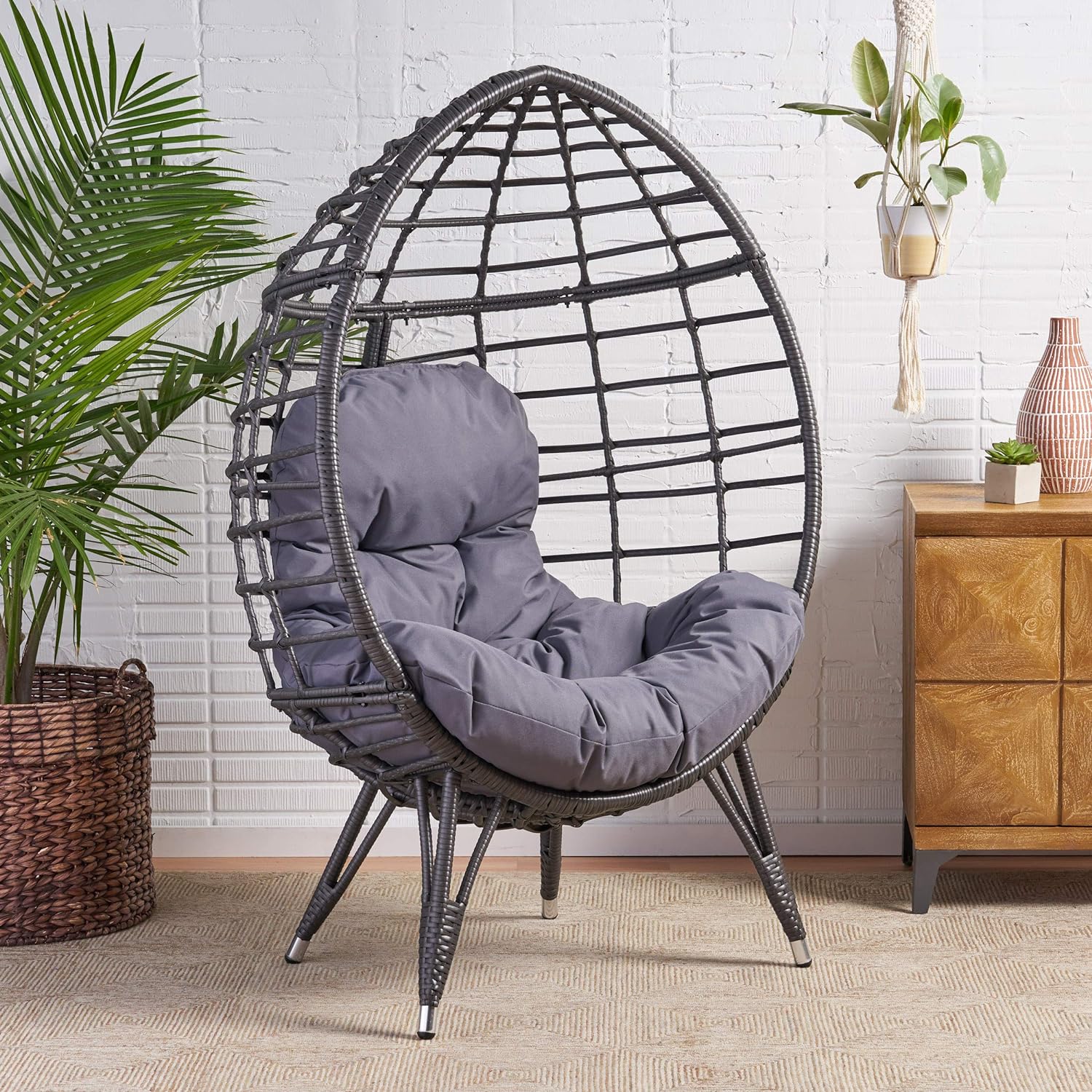 Indoor Wicker Teardrop Chair with Cushion, Gray and Dark Gray