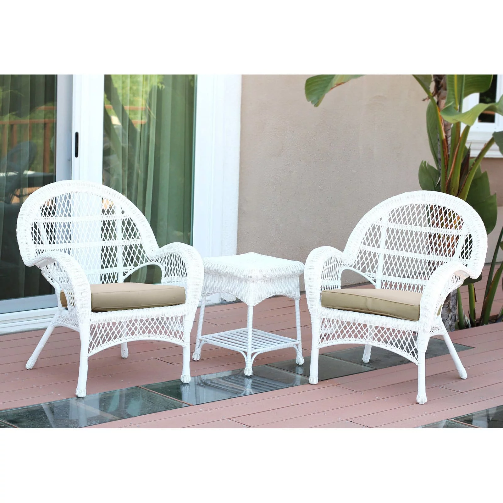 Jeco 3 Piece Wicker Conversation Set in White with Tan Cushions
