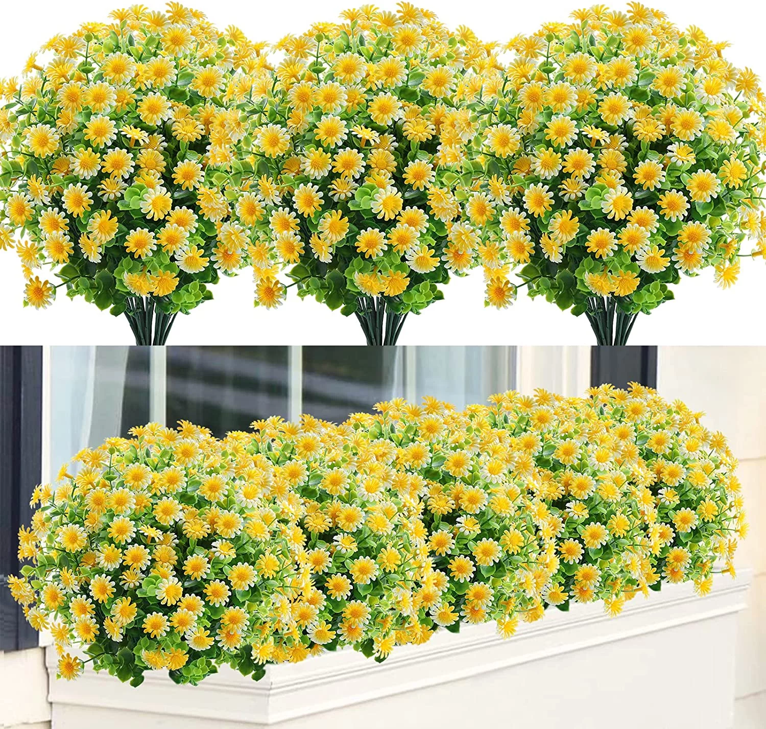 6 Bundles Artificial Daisy Flowers Outdoor Fake Flowers for Decoration No Fade Faux Plastic Flower Garden Porch Window Box Décor