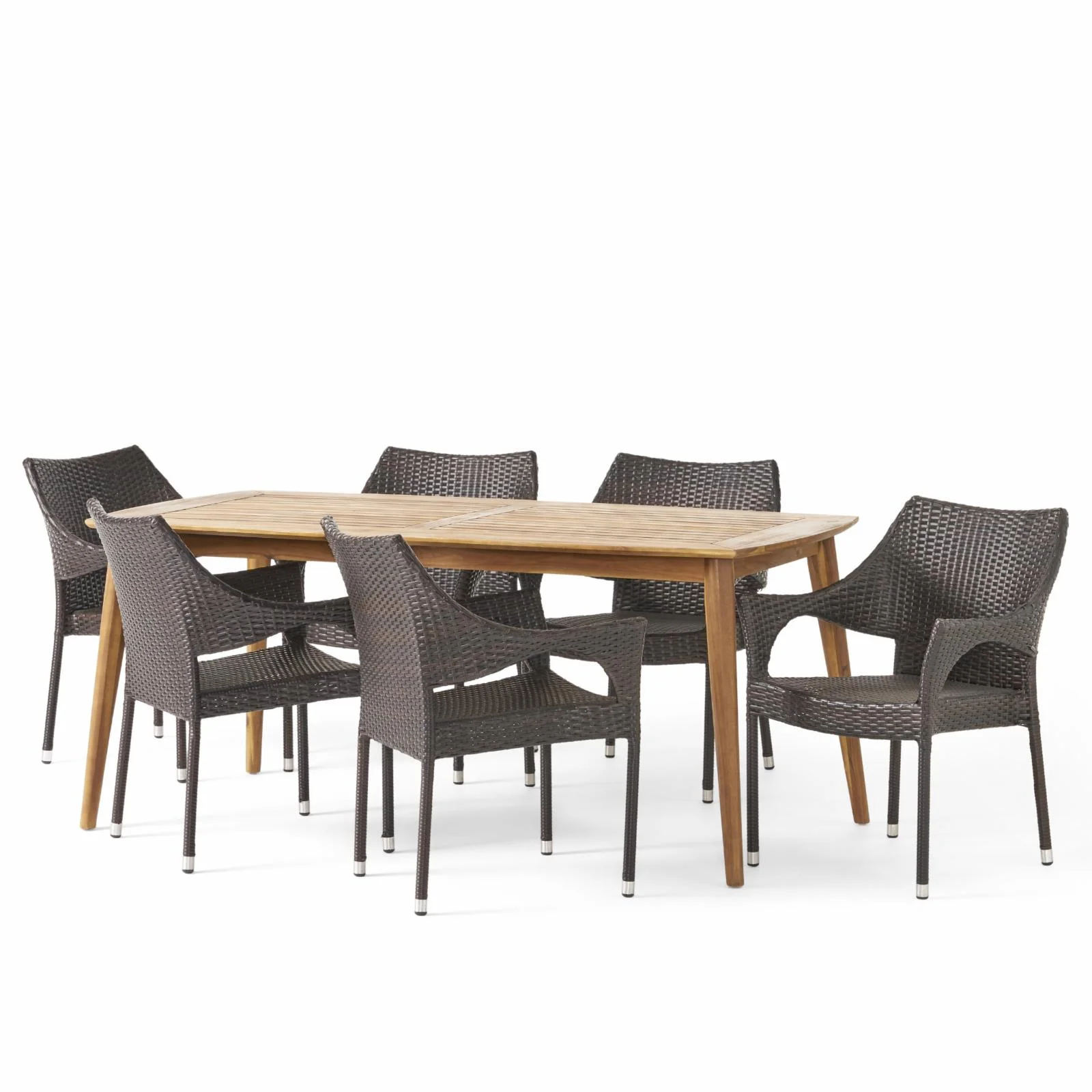 Leiyani Outdoor Wicker and Acacia Wood 7 Piece Dining Set - Multibrown and Teak