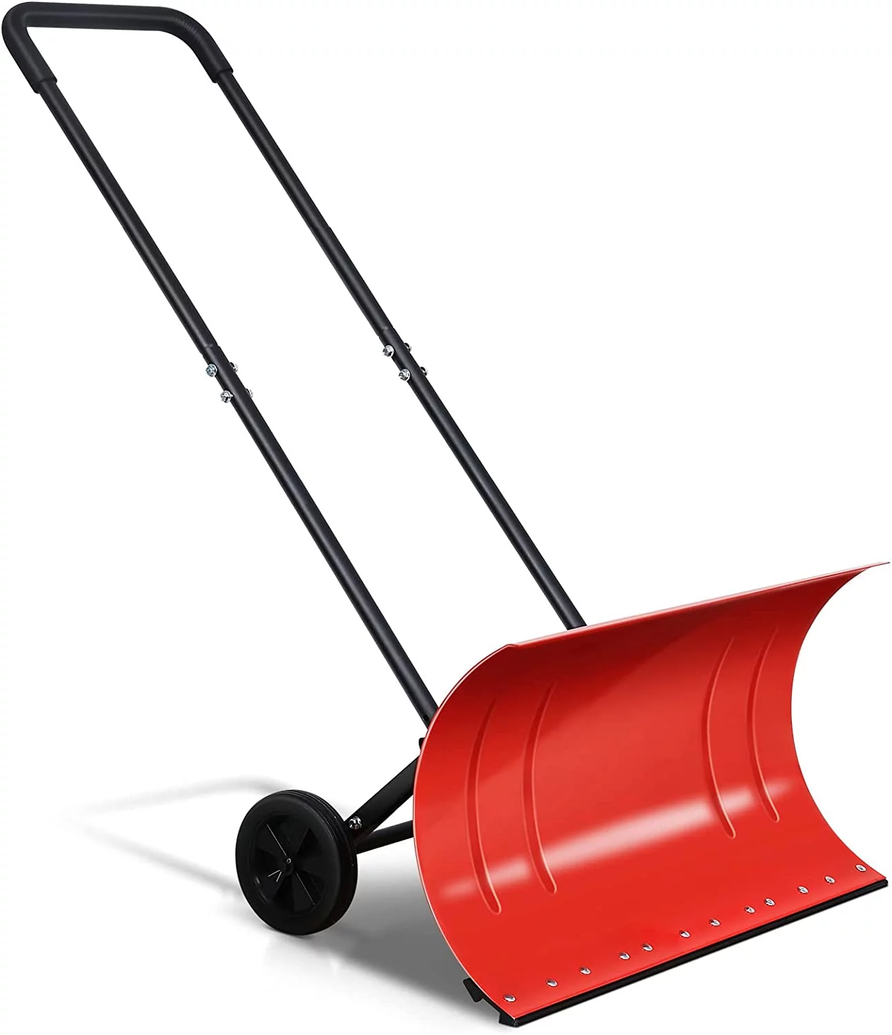 KioGro Metal Snow Shovel with Wheels, Heavy Duty Snow Pusher 30 inch Blade and Adjustable Handle Snow Removal for Driveway, Doorway, Sidewalks Red