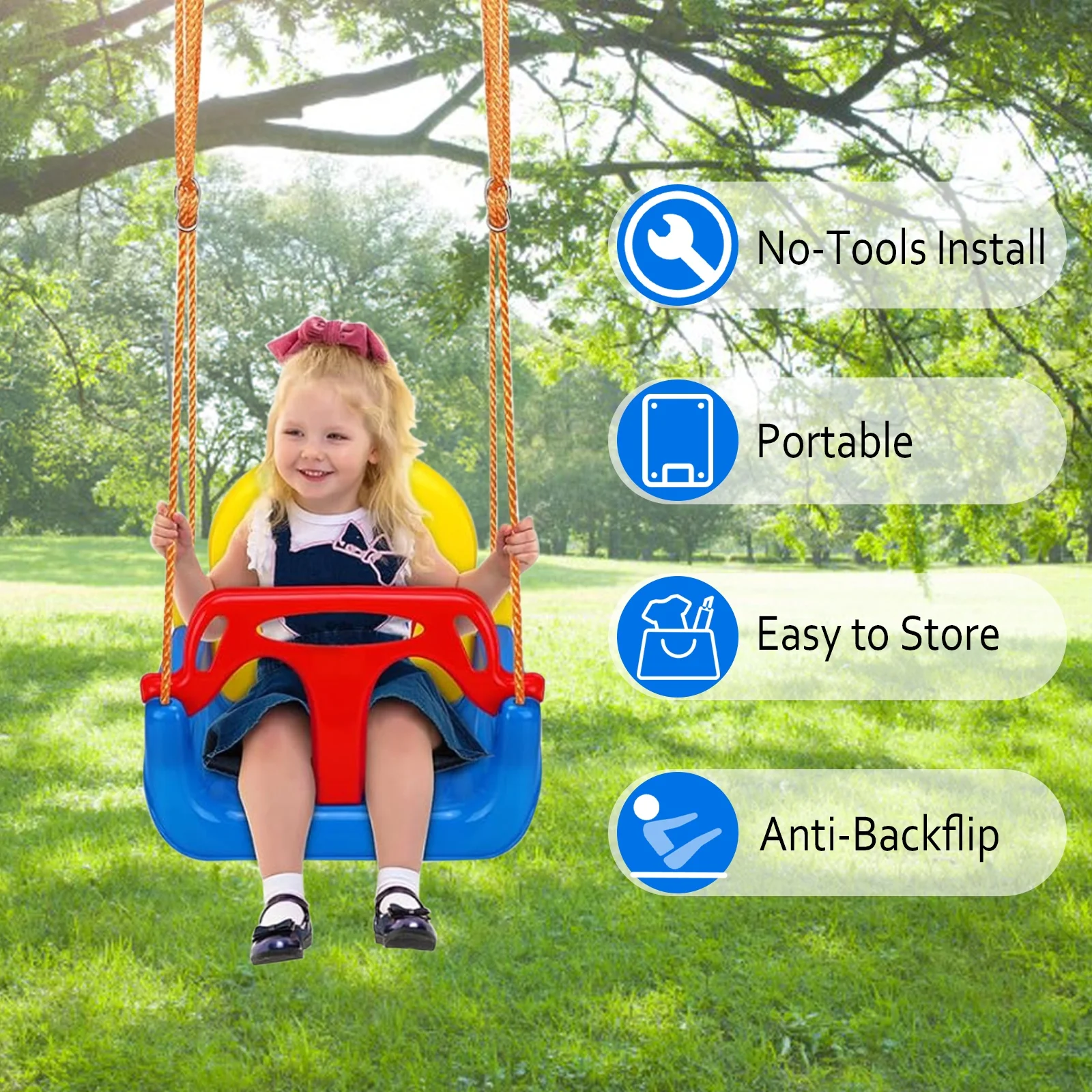 IFOYO 3-in-1 Kids Swing Seat,Secure Swing Seat with High Back and T-Bar Detachable Swing Seat for Playground Outdoor,Loaded up to 120kg for 3-10 Years Kids,Blue