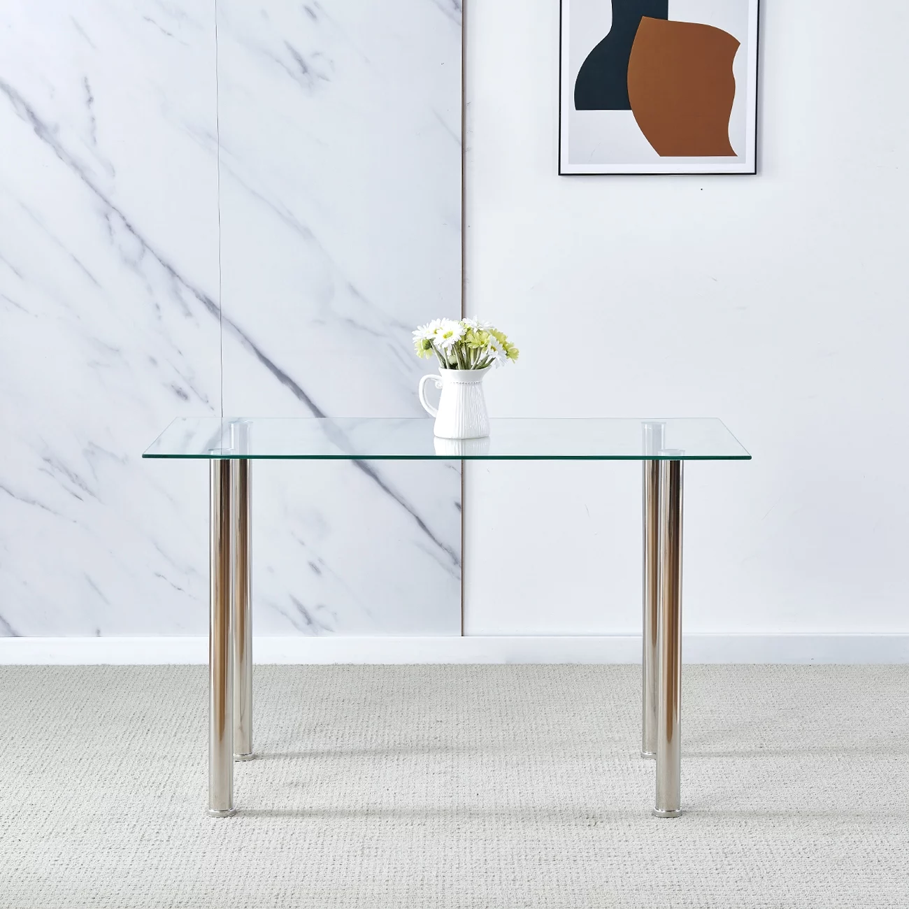 Rectangular Dining Table Space Saving Dining Room Home Furniture Clear Transparent Glass Stainless Steel Metal Legs for 4-6 People