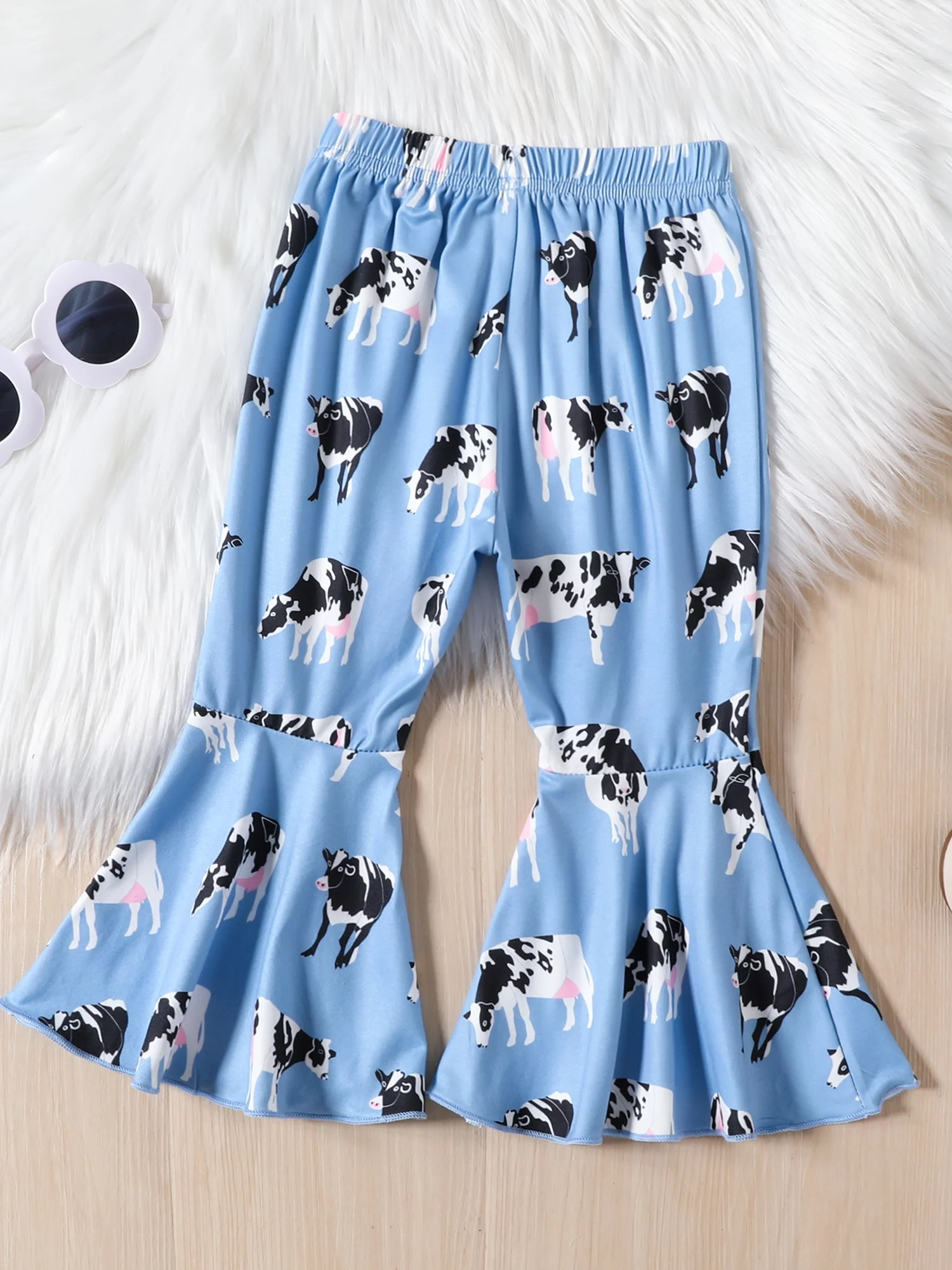 Western Girls Pants Set Ruffles Trim Flying Sleeve Shirt and Cow Print Flared Pants Headband Kids Casual Fall 3Pcs Outfits