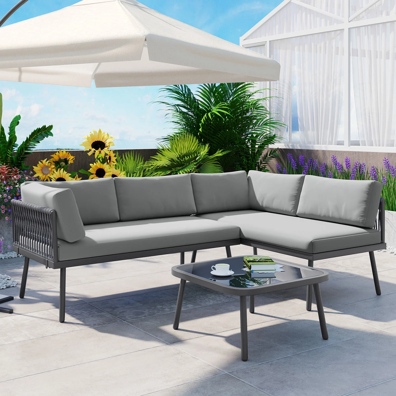 Modern  All-Weather TOPMAX Gray L-Shaped 3-Piece PE Rattan Sofa Set with Cushions and Glass Table for Outdoor Patio  Backyard  Poolside  Garden - Metal Sectional Furniture