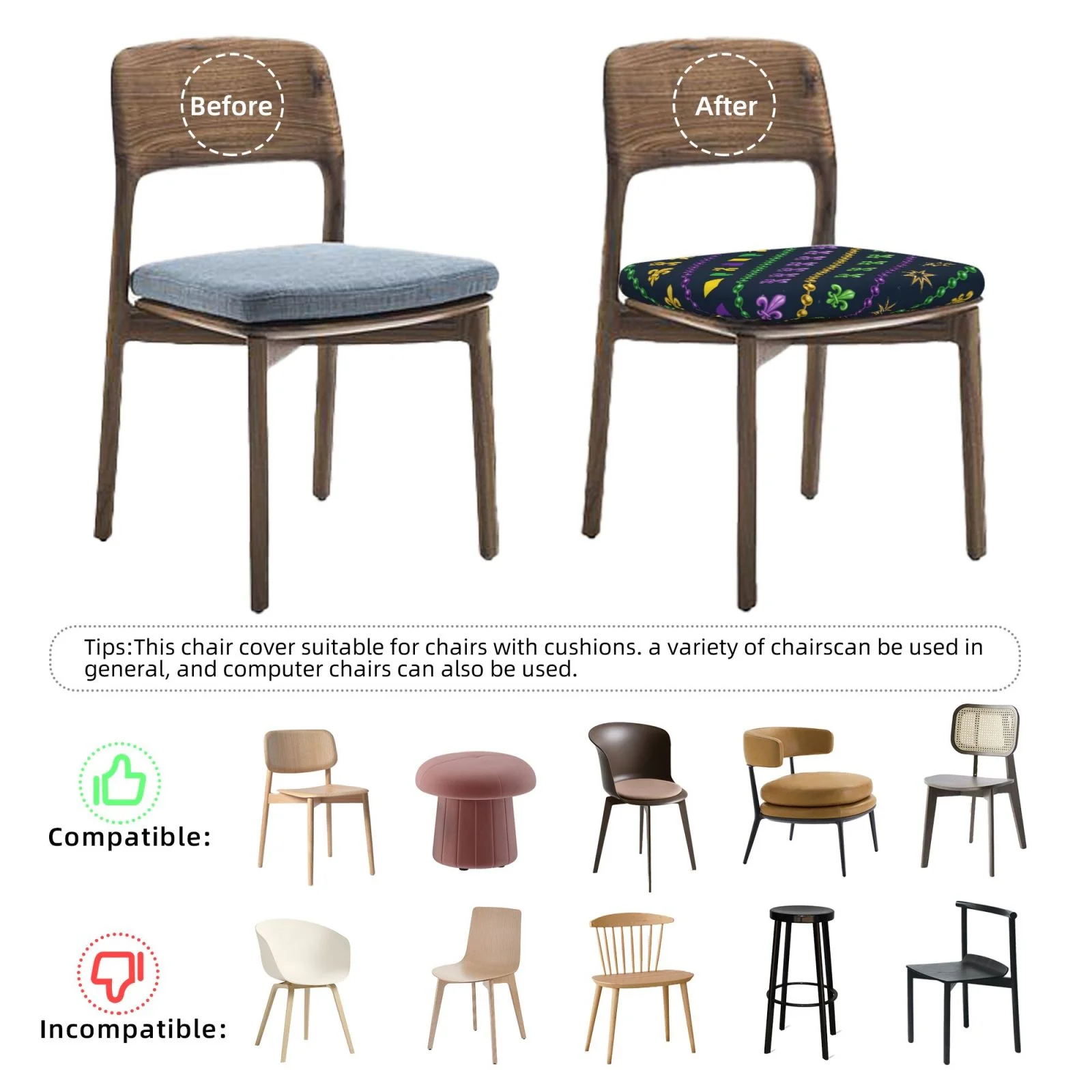 Bingfone Mardi Gras Strings Of Beads Restaurant Chair Seat Covers,Removable Washable Chair Covers Protects