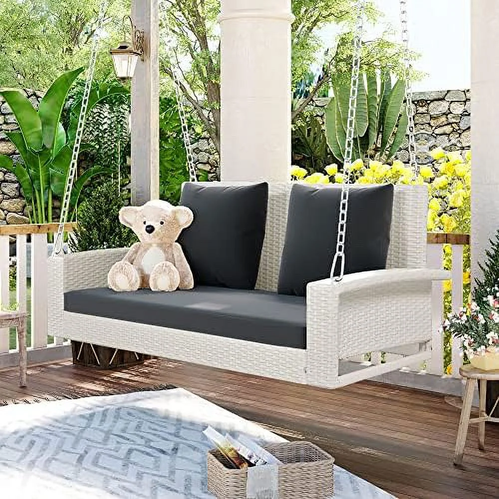 QYFZBIM 2-Seater Wicker Hanging Porch Swing Bench with Hanging Chains for 2 Patio  Swing Rattan Swing Bench for Garden  Backyard  Pond