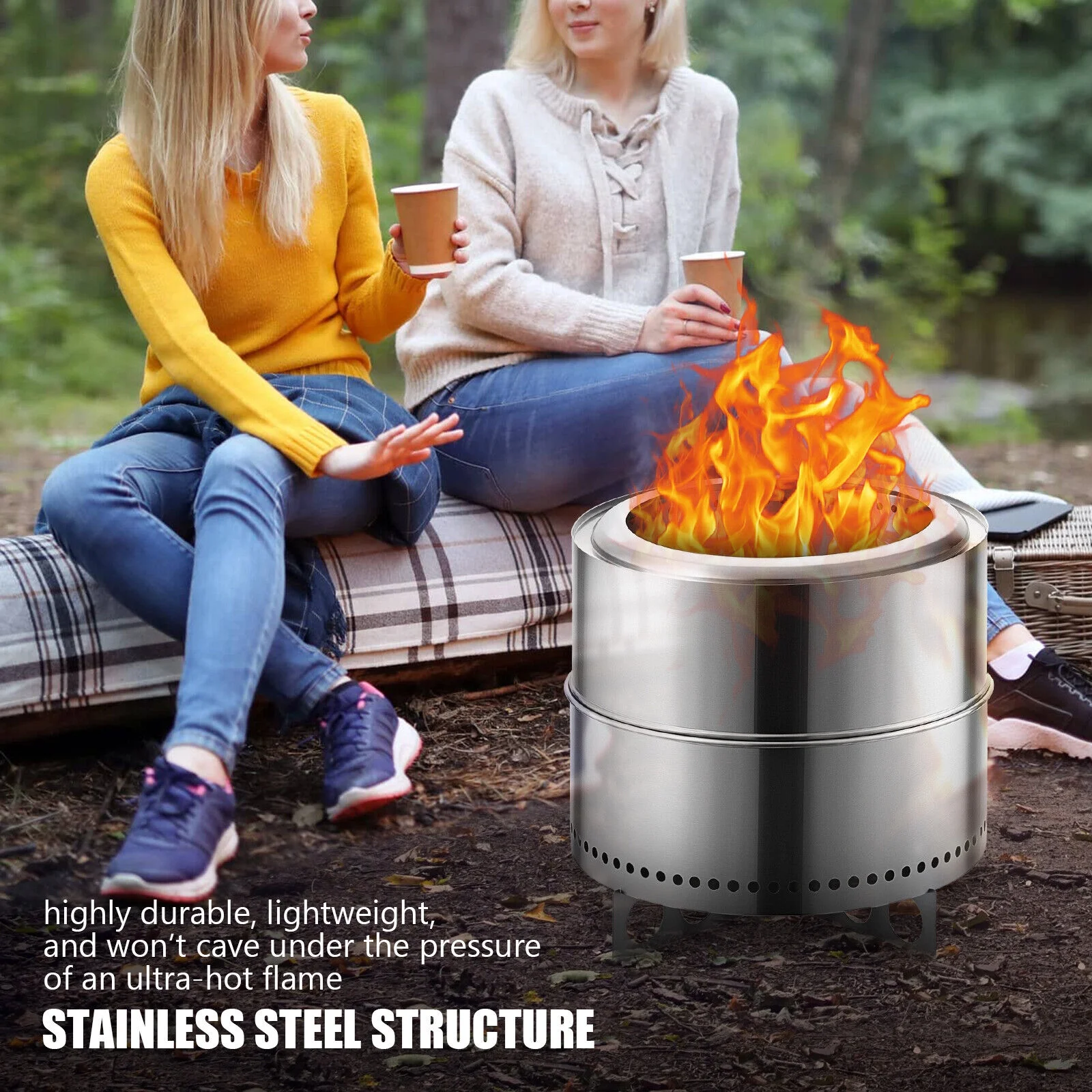 19 Inch Stainless Steel Smokeless Fire Pit Outdoor Wood Burning with Ash Pan
