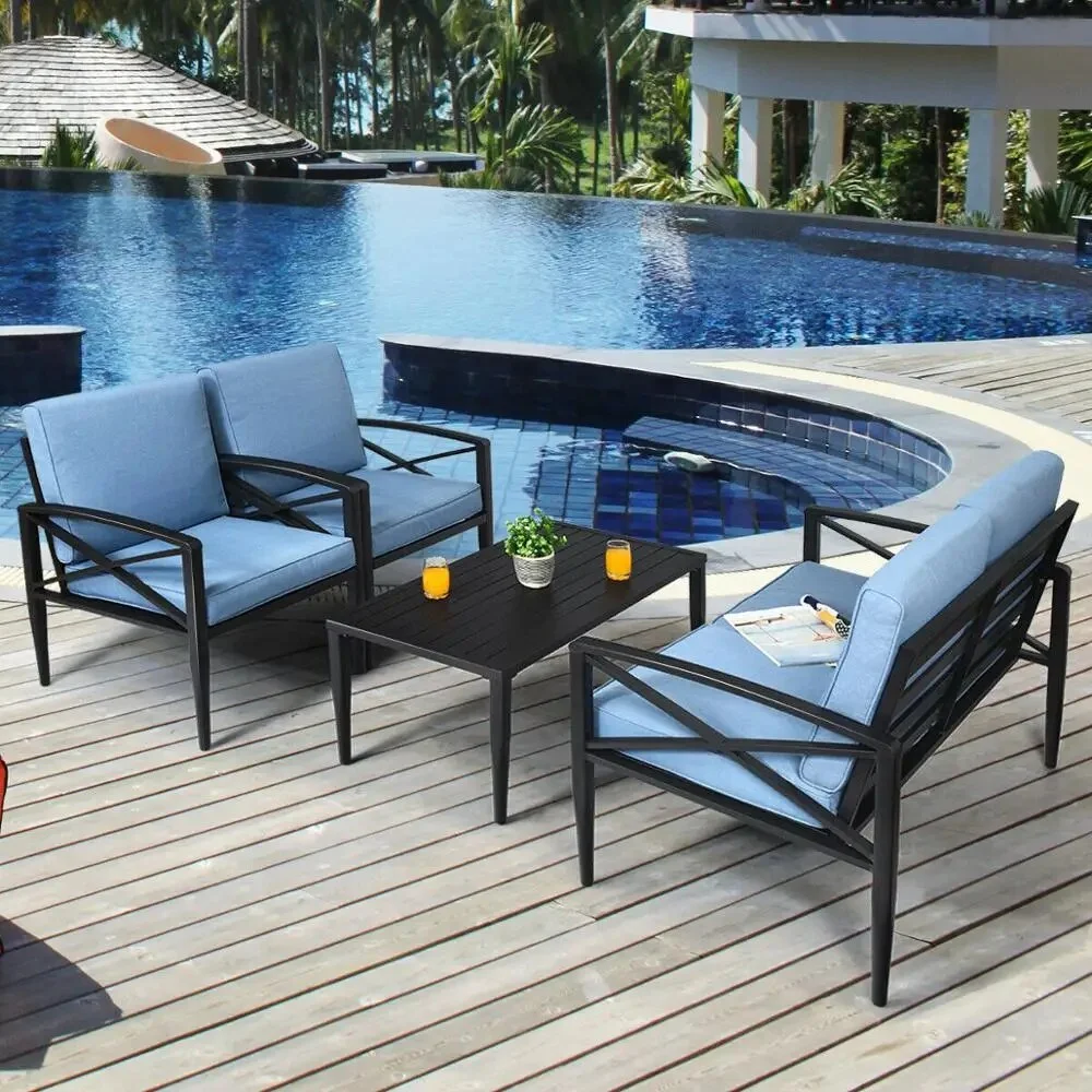 8PCS Patio Furniture Set Aluminum Frame Cushioned Sofa Chair Coffee Table Blue 2*HW65783+