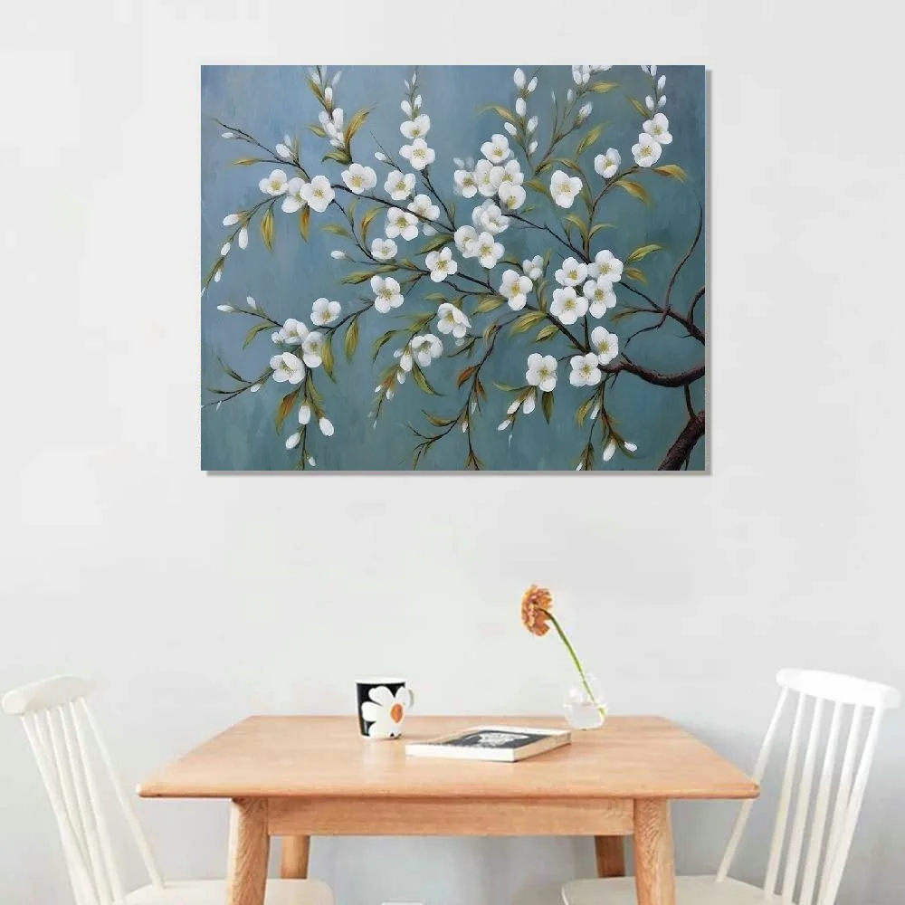 Fenyluxe Cherry Blossom Canvas Wall Art with Textured Teal and White Magnolia Flower Painting Pictures Plum Blossom Artwork for Living Room Bedroom Bathroom Decor 20X16 Inches