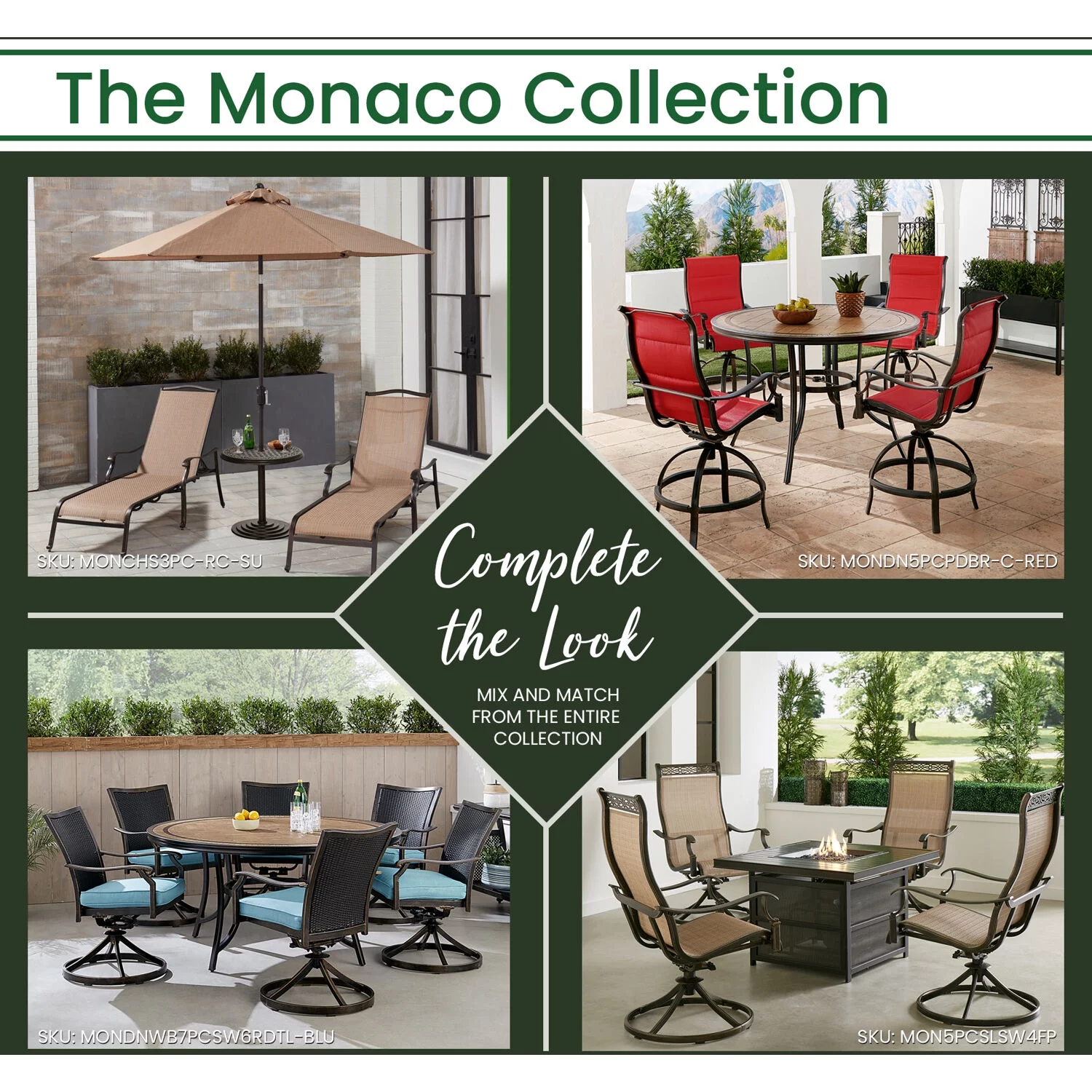 Hanover Monaco 7-Piece Dining Set in Tan with Six Swivel Rockers and a 60-in. Tile-Top Table