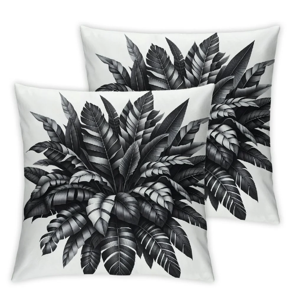 AWERP Black White Tropical Plants Monstera Leaf Areca Palm Banana Leaves 2-Piece Plush Pillowcase Set White