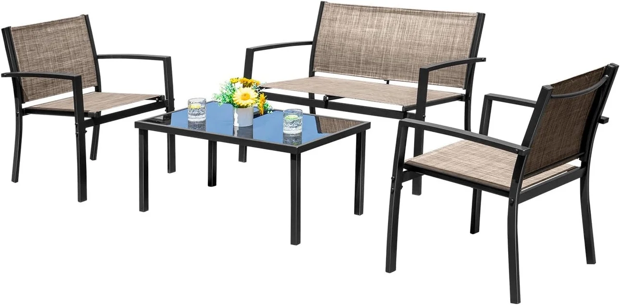 4 Pieces Patio Furniture Set Outdoor Garden Patio Conversation Sets Poolside Lawn Chairs with Glass Coffee Table Porch Furniture (Brown)