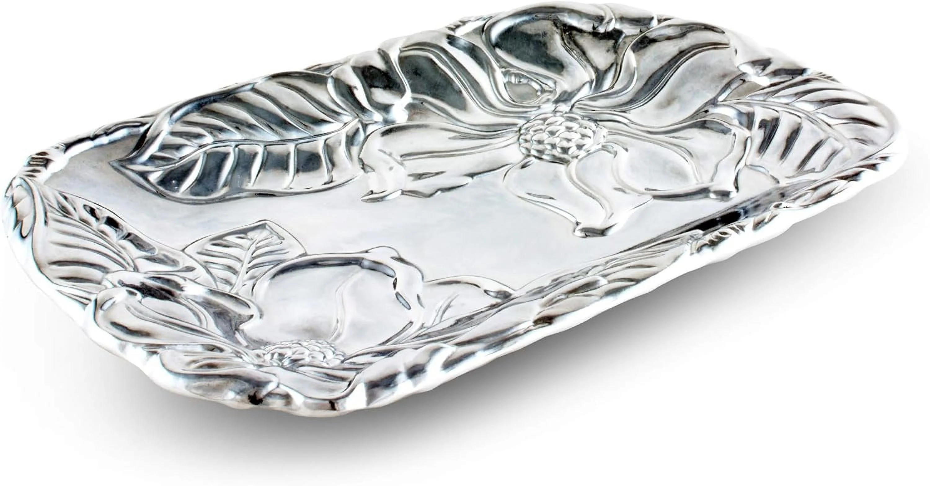 Designs Aluminum Southern Magnolia Flower Food Service Tray, Desktop Storage Organizer, Catchall, Valet, Nightstand Or Dresser Hand Polished 9.5 Inch Long