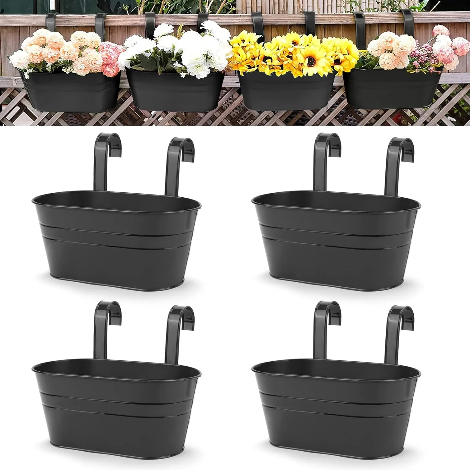 4pcs Metal Iron Hanging Flower Pots, 11 Inch Metal Railing Planter with Detachable Hooks Countryside Style Window Railing Hanging Flower Pots for Indoor Outdoor Balcony Patio Railing