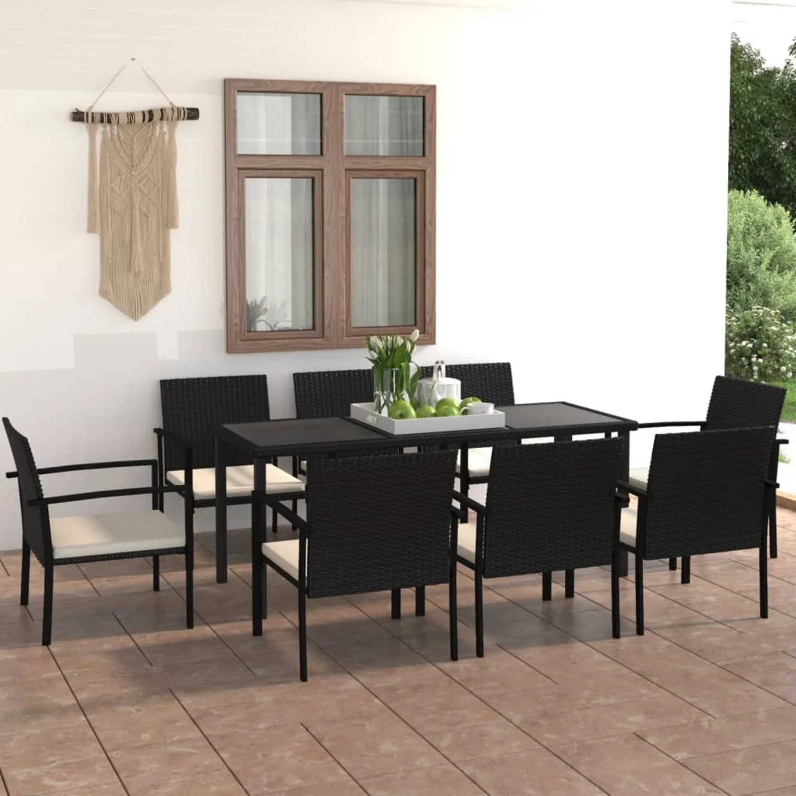 Walmeck 9 Piece Patio Dining Set Poly Rattan Black