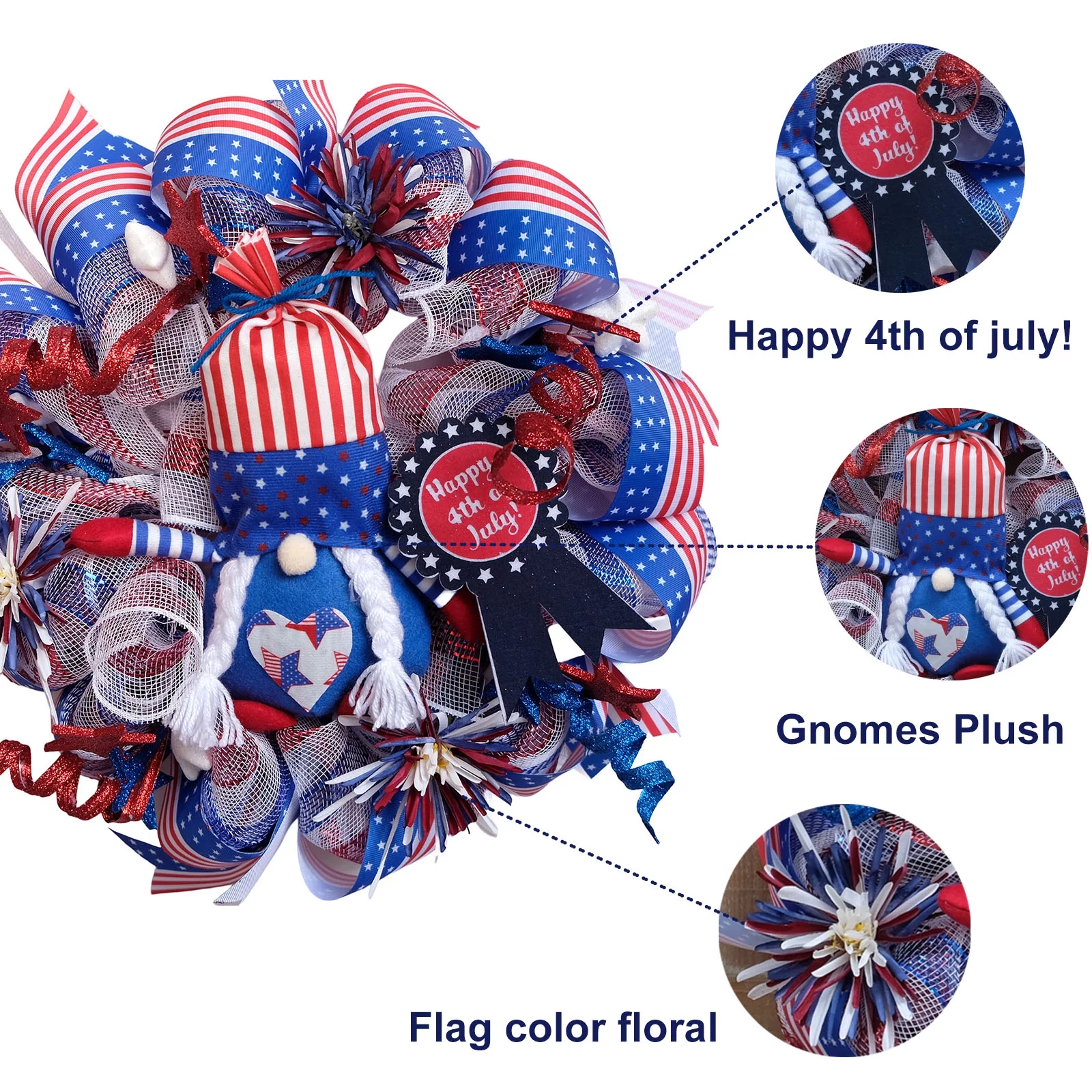 Idyllic 20 Inch Patriotic Deco mesh Wreath, 4th of July Summer Floral mesh Wreath for The Front Door, Memorial Day mesh Gnome Plush Wreath for Indoor and Outdoor
