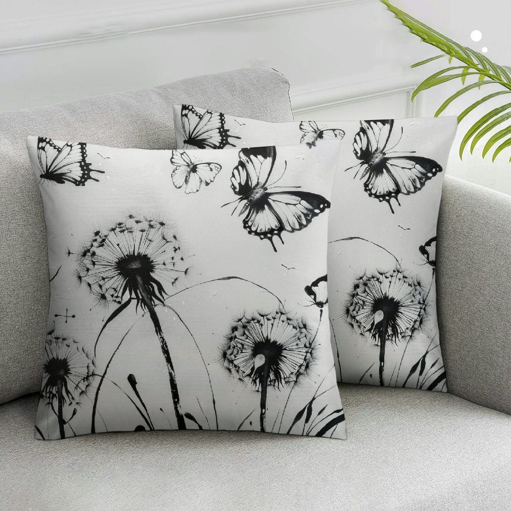 Nawypu Pillow Covers Set of 2 Dandelion Butterfly Black Throw Pillow Covers Decorative Pillow Covers for Couch Bed Chair Outdoor White